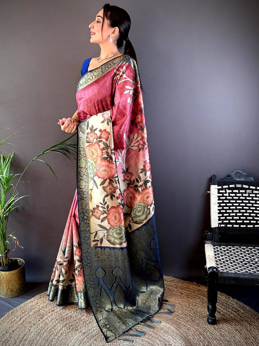 Rani Ombre Floral Digital Print Saree by My Store