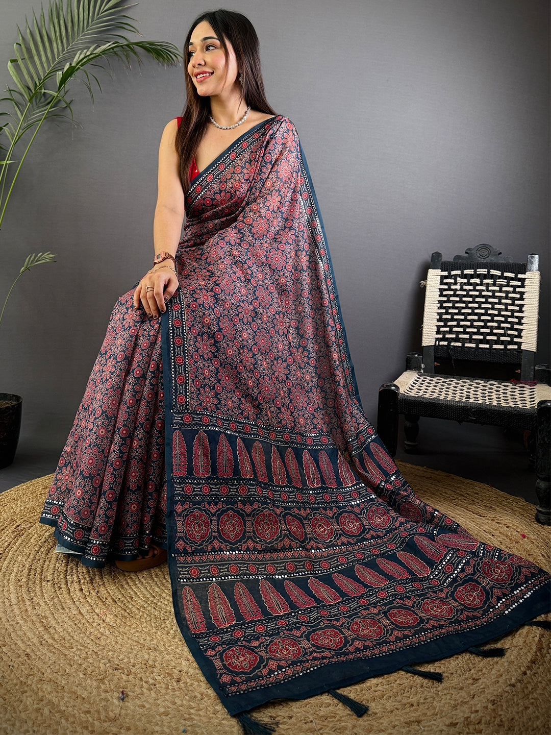 Navy Blue Charm Mirror Work Silk Saree by My Store