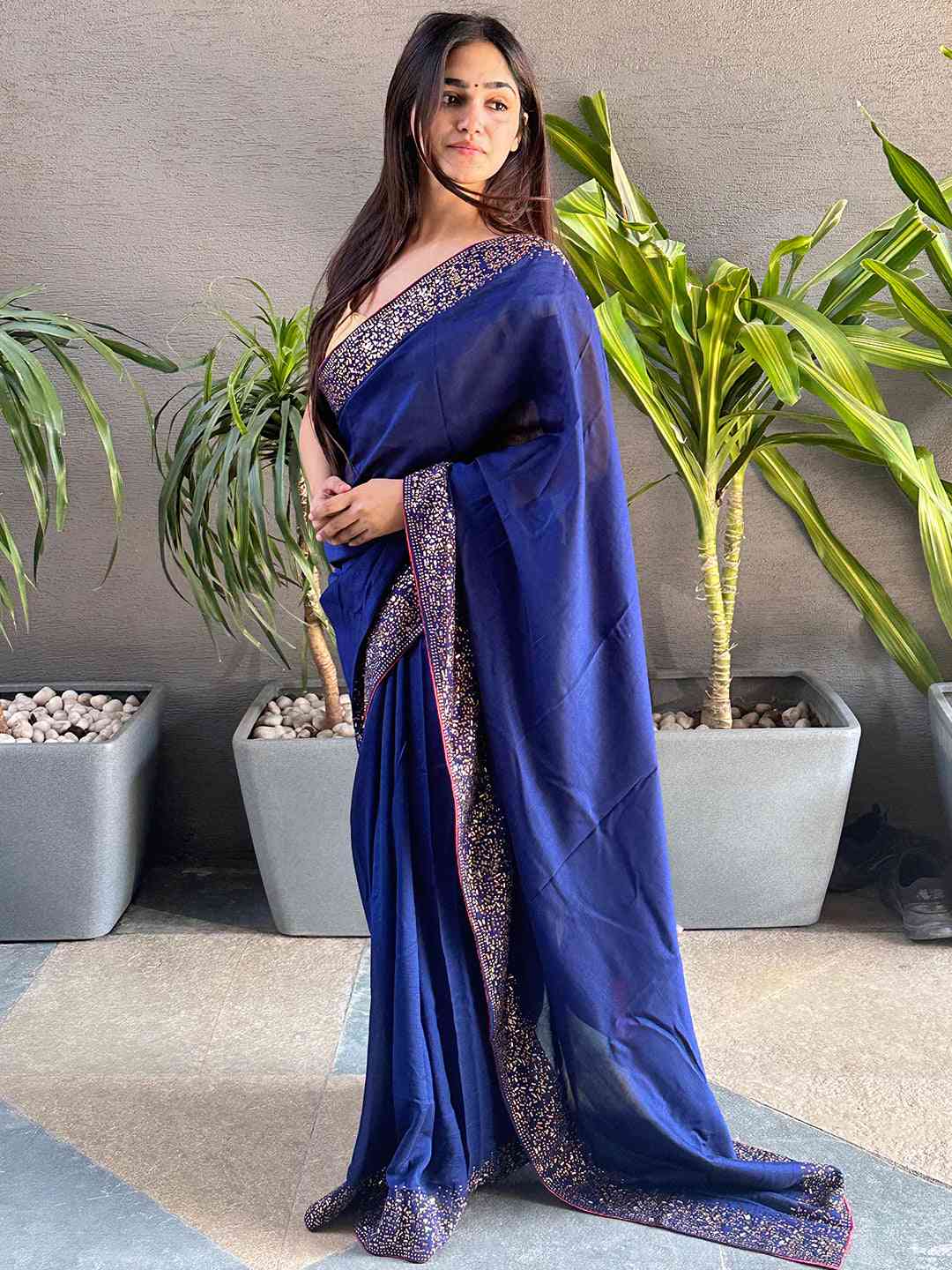 Navy colour Vichitra Silk Saree With Embellish Swarovski Stone work by My Store