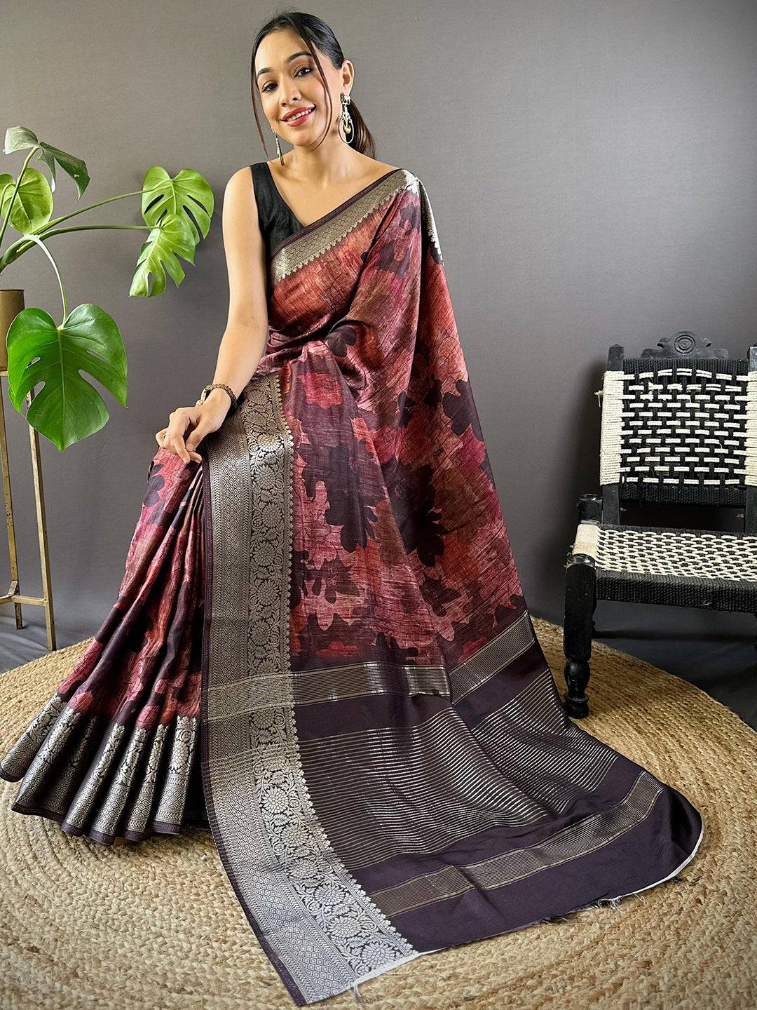 Maroon Zari Woven Floral Dola Silk Saree by My Store