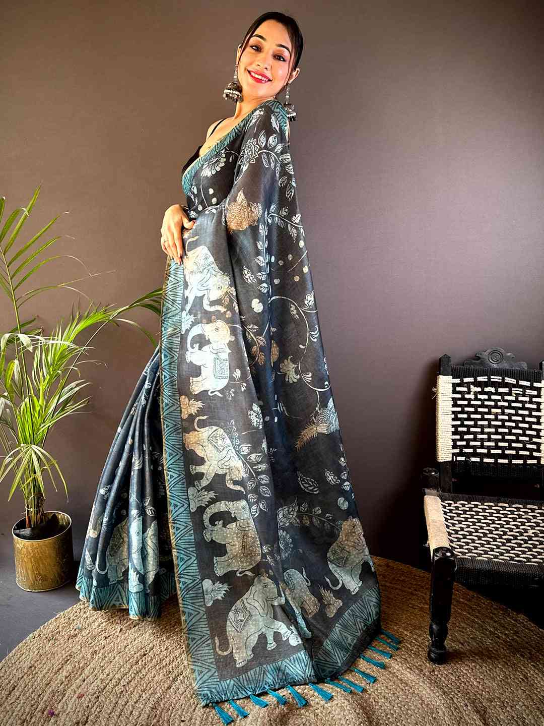 Navy Kalamkari Block Print Chanderi Saree by My Store