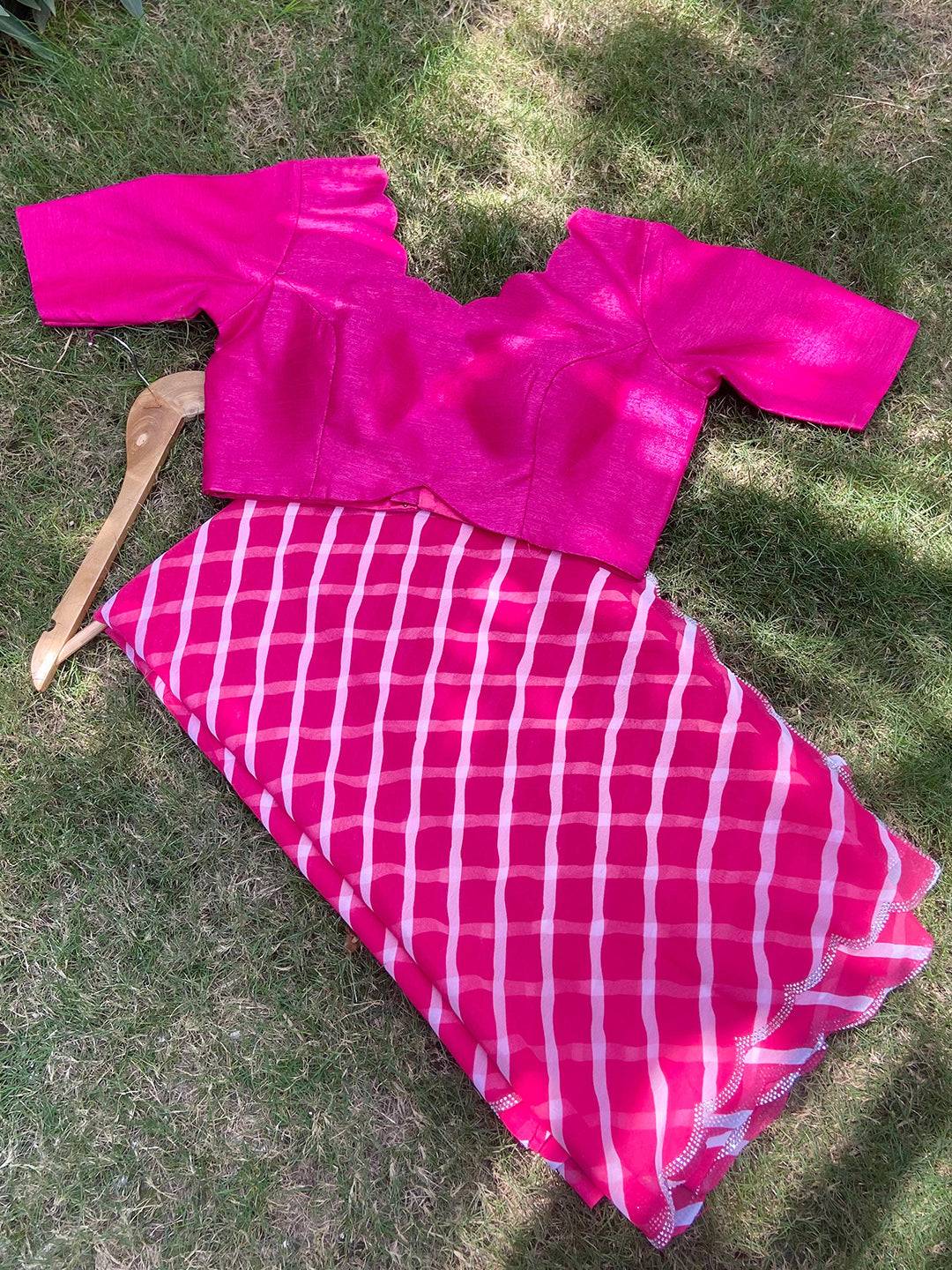 Pink Georgette Leheriya Print Swaroski Cut Work Border Saree by My Store