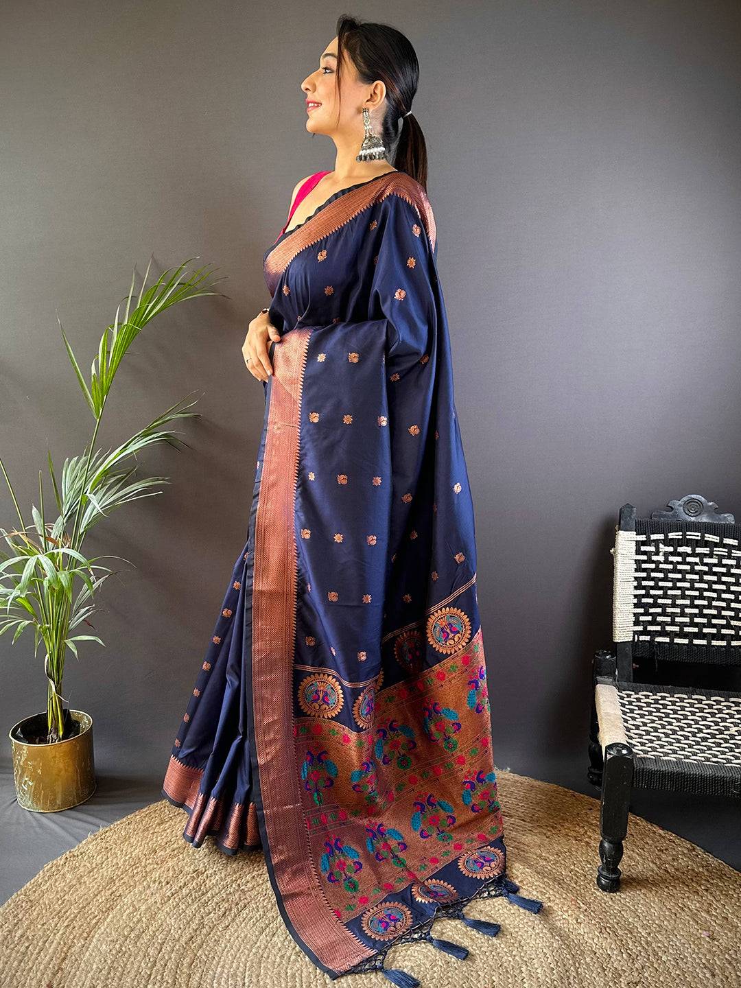 Navy Blue Copper Elegance Soft Silk Saree by My Store