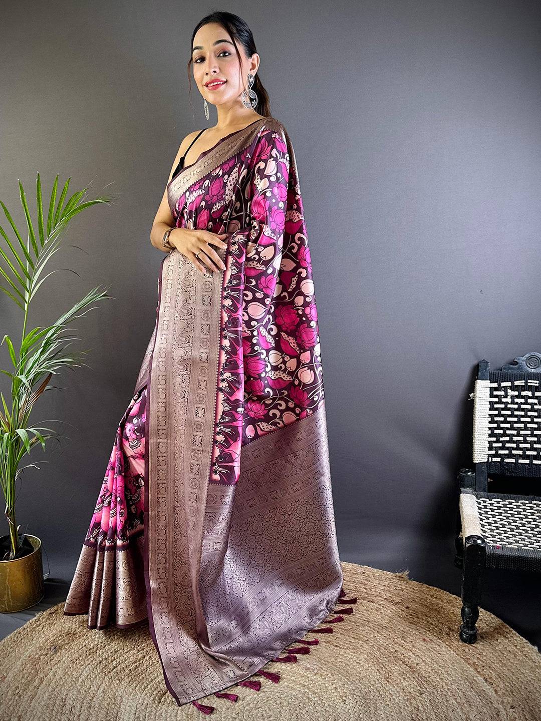 Rose Wine Soft Silk Kalamkari Saree by My Store