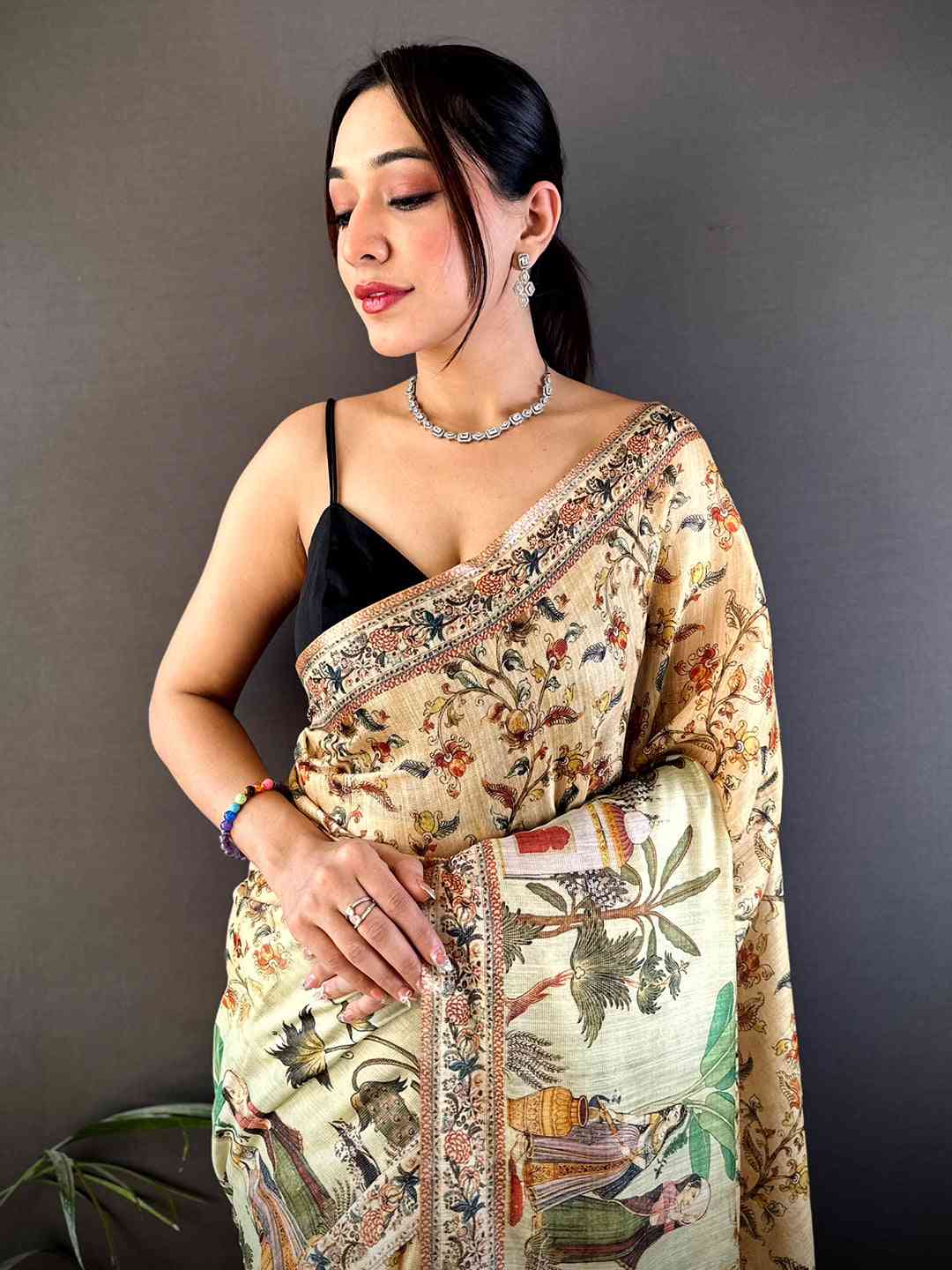 Beige Tussar Pashmina Kalamkari Saree