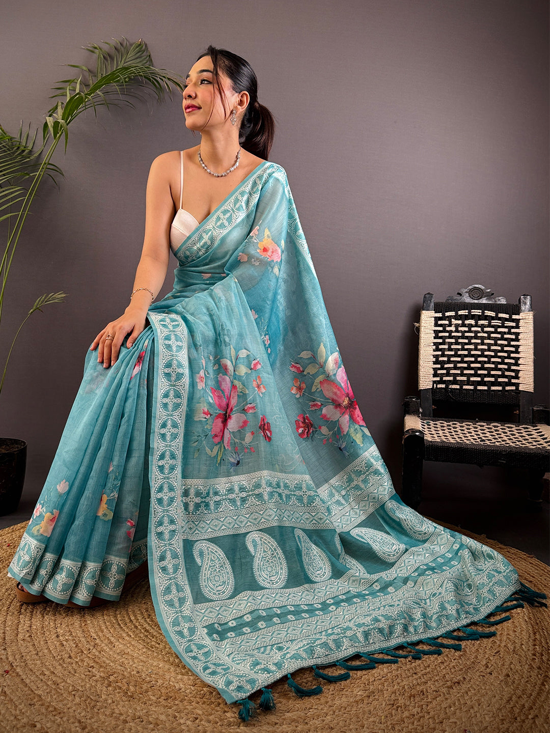 Sky Blue Lakhnavi Linen Digital Print Saree by My Store