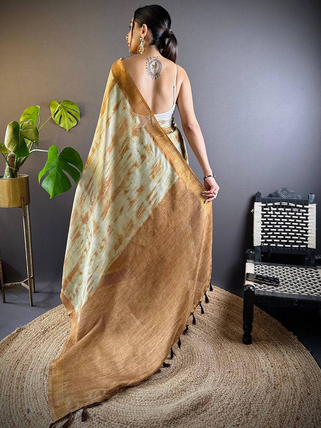 Dusty Green Shibori Print Linen Saree by My Store