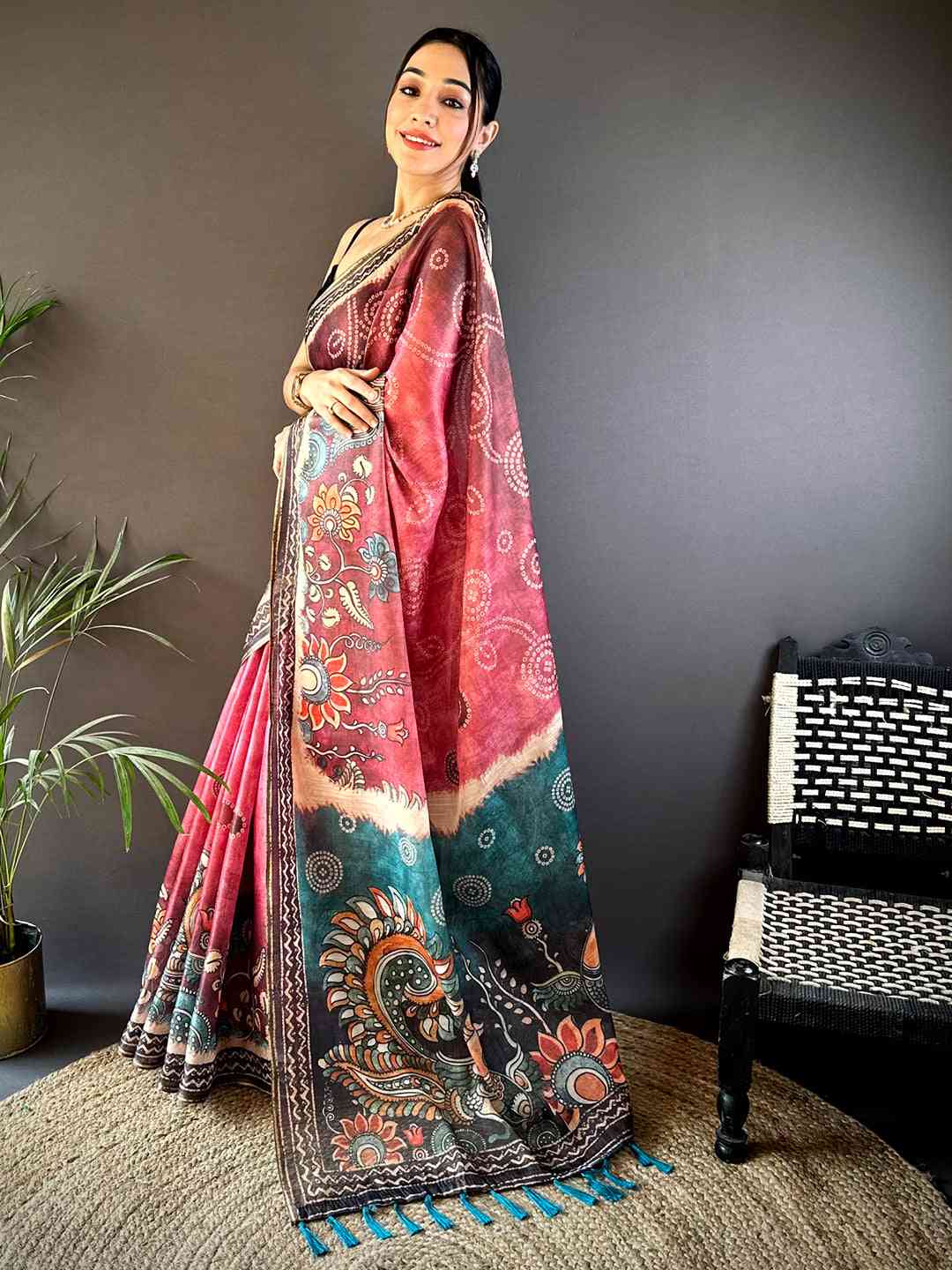 Blush Pink Kalamkari Bandhani Chanderi Saree by My Store