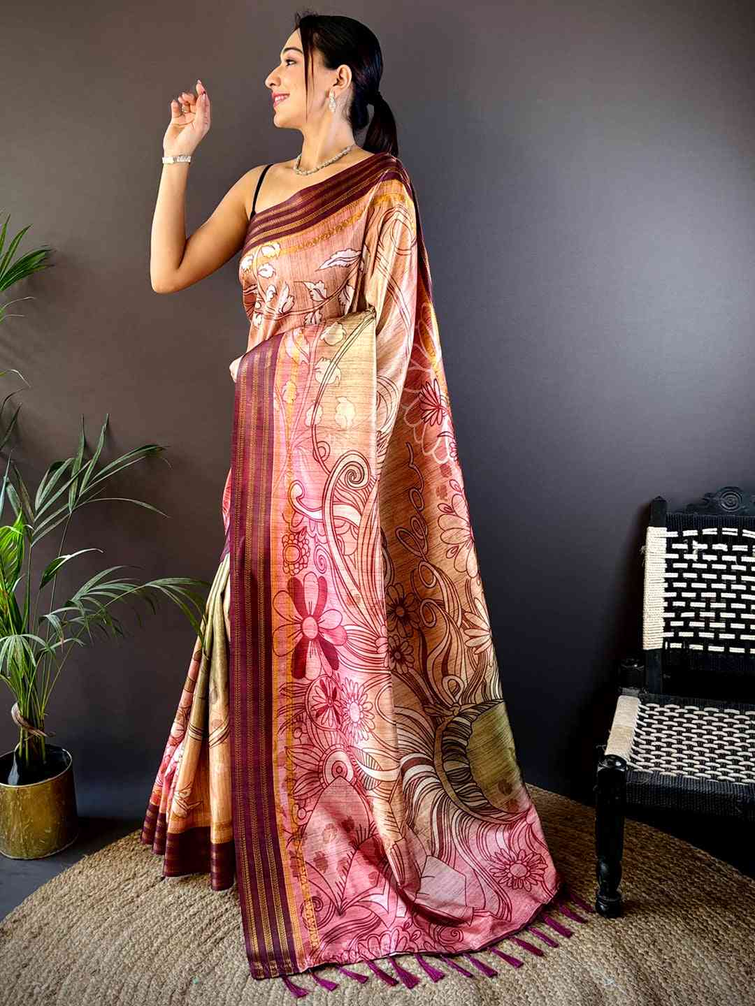 Peach Soft Silk Abstract Geometric Saree by My Store