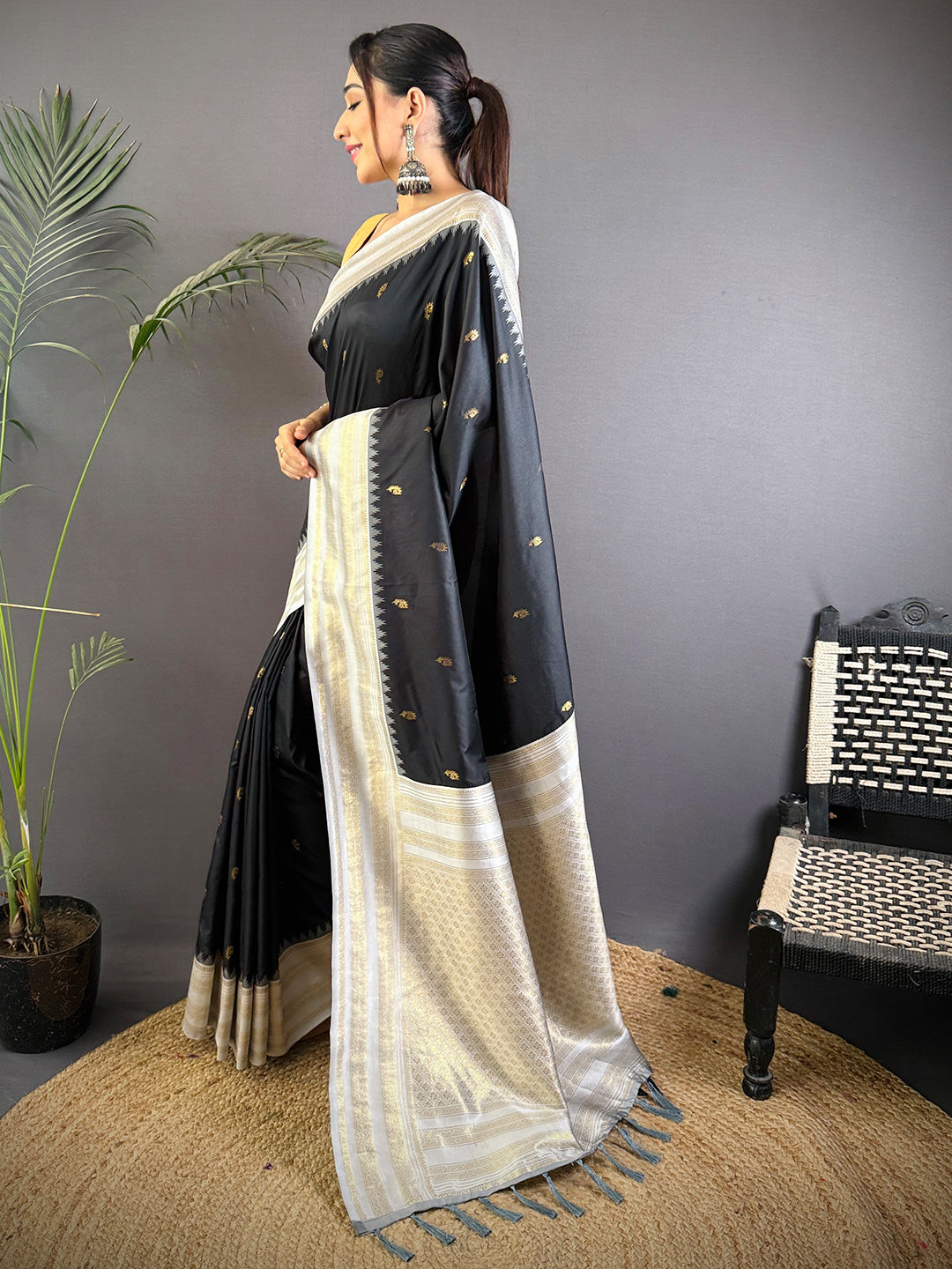 Royal Black Soft Silk Gadwal Saree by My Store