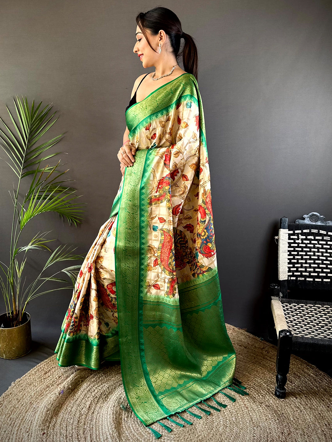 Green Banarasi Silk Pen Kalamkari Saree by My Store