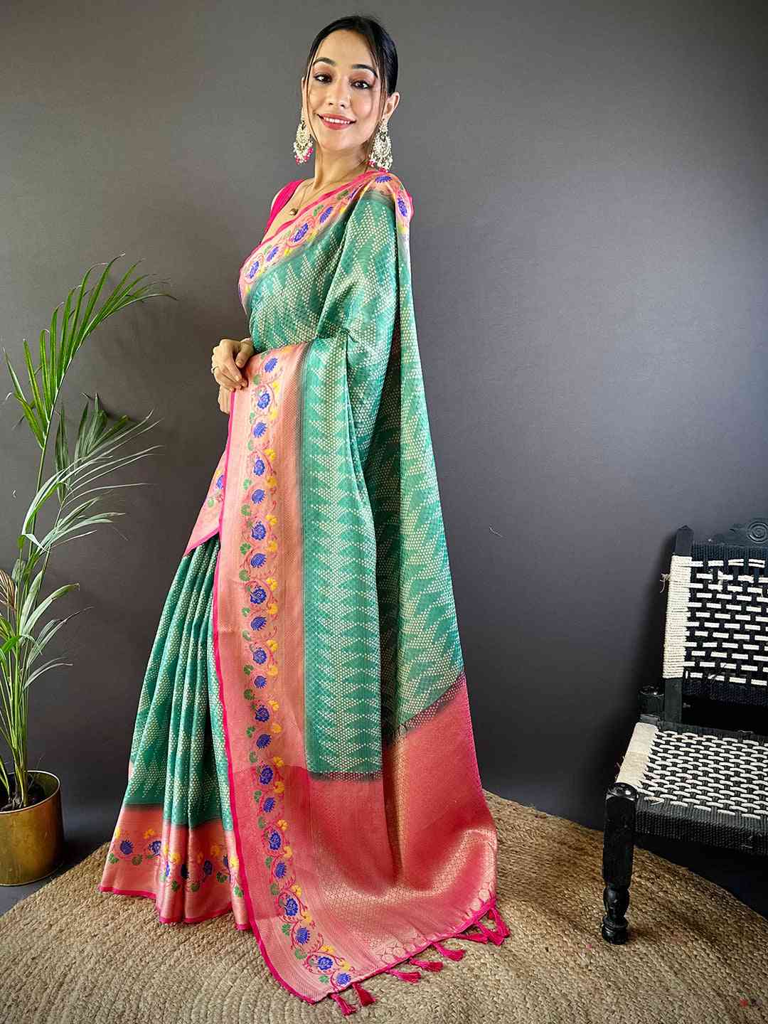 Kora Silk Banarasi Digital Print Saree In Sky Blue Colour by My Store
