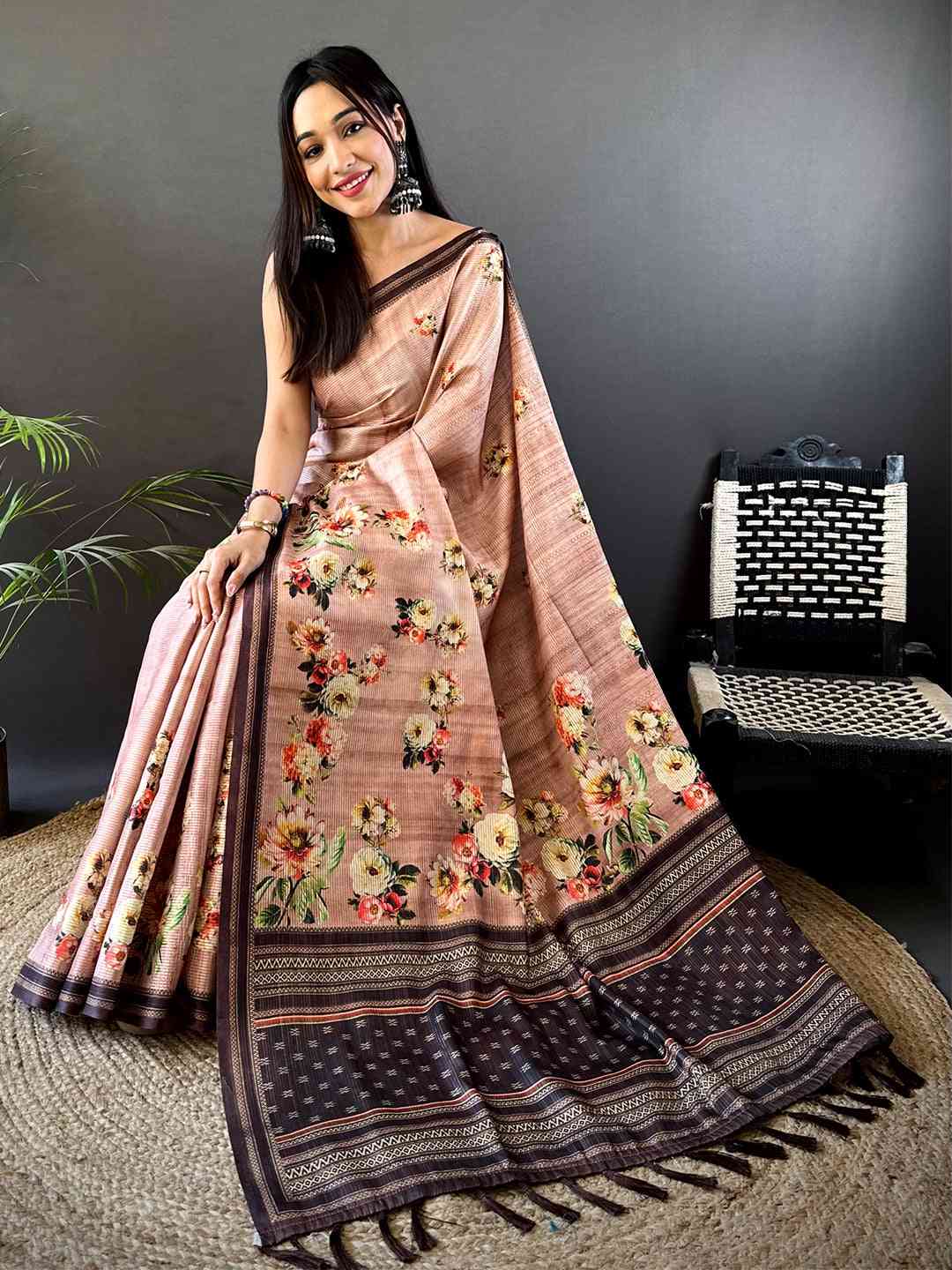 Floral Beauty in Blush Pink Tussar Zari Saree by My Store