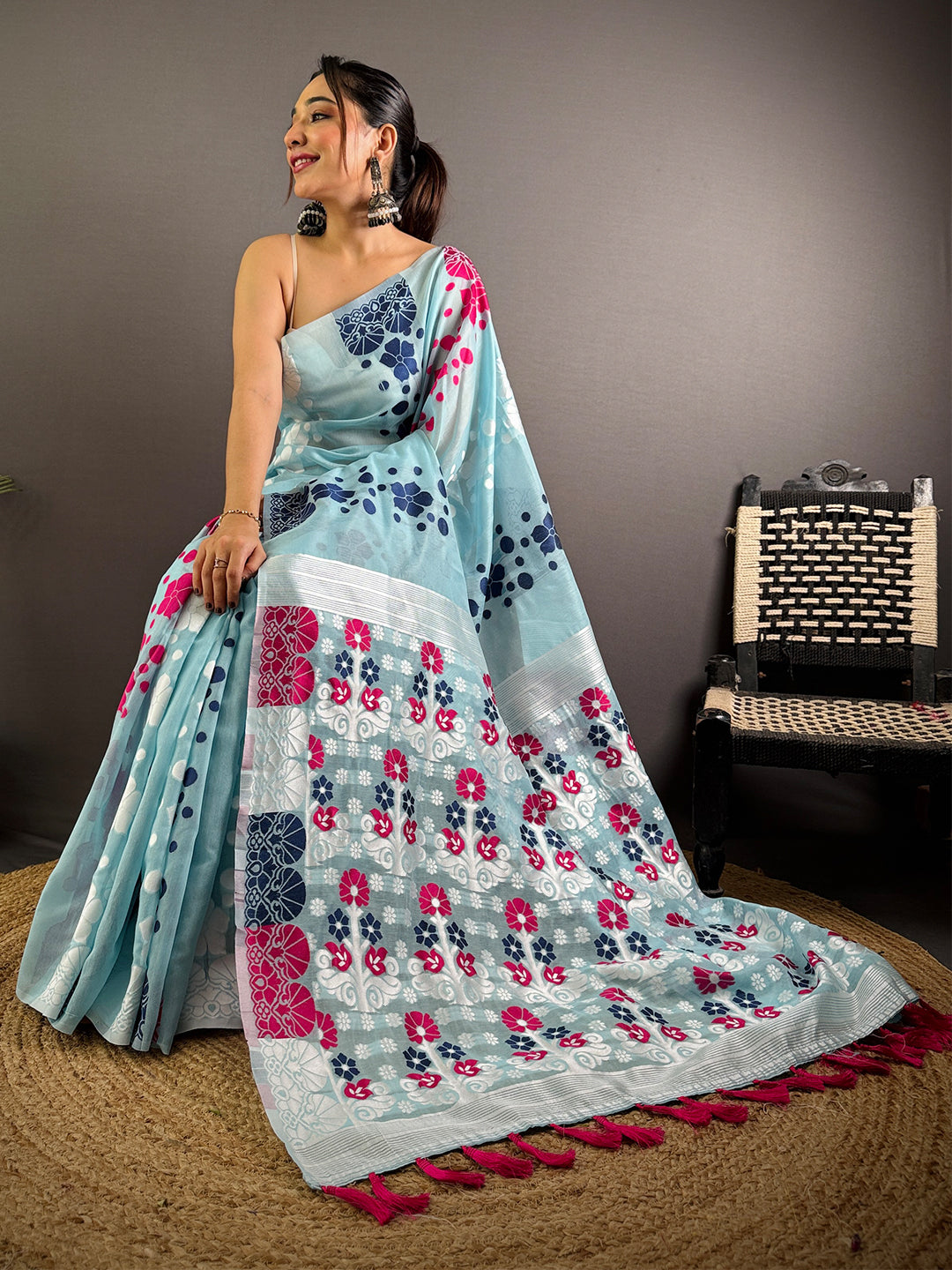 Blue Dhakai Jamdani Cotton Silk Saree