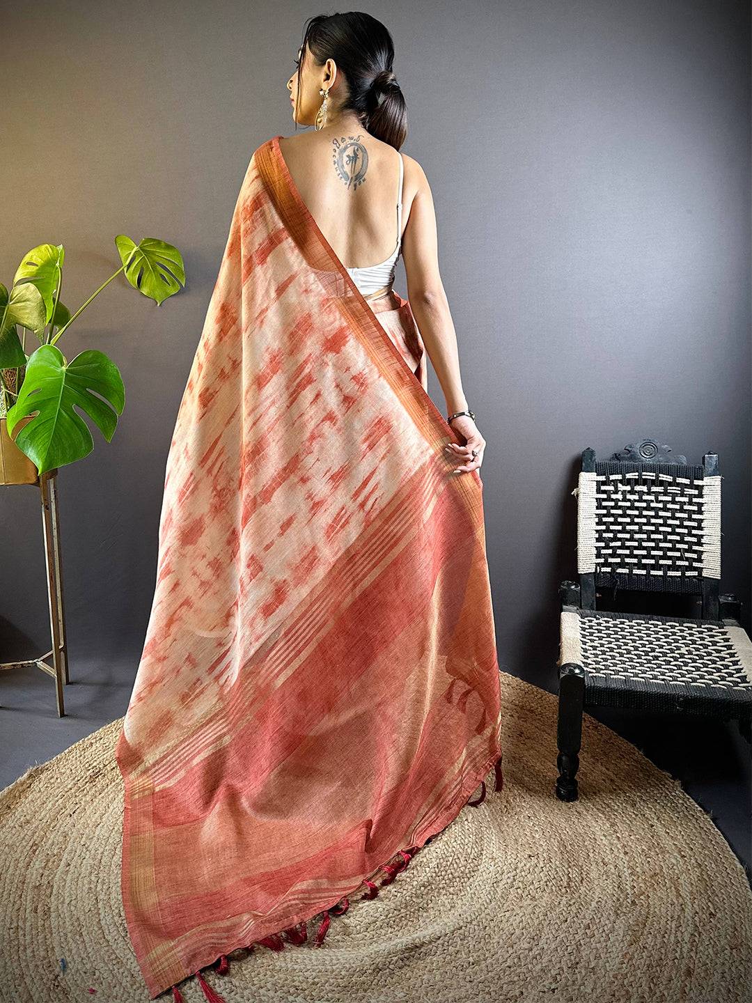 Rust Shibori Print Linen Saree by My Store