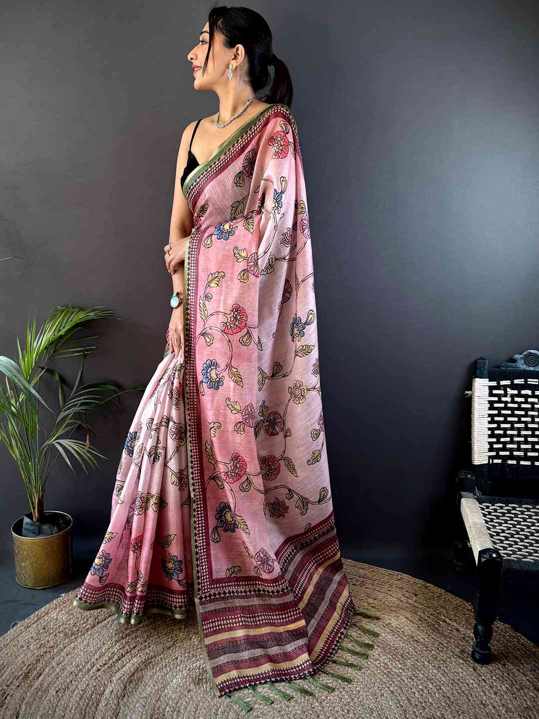 Rose Pink Zari Tussar Floral Saree by My Store