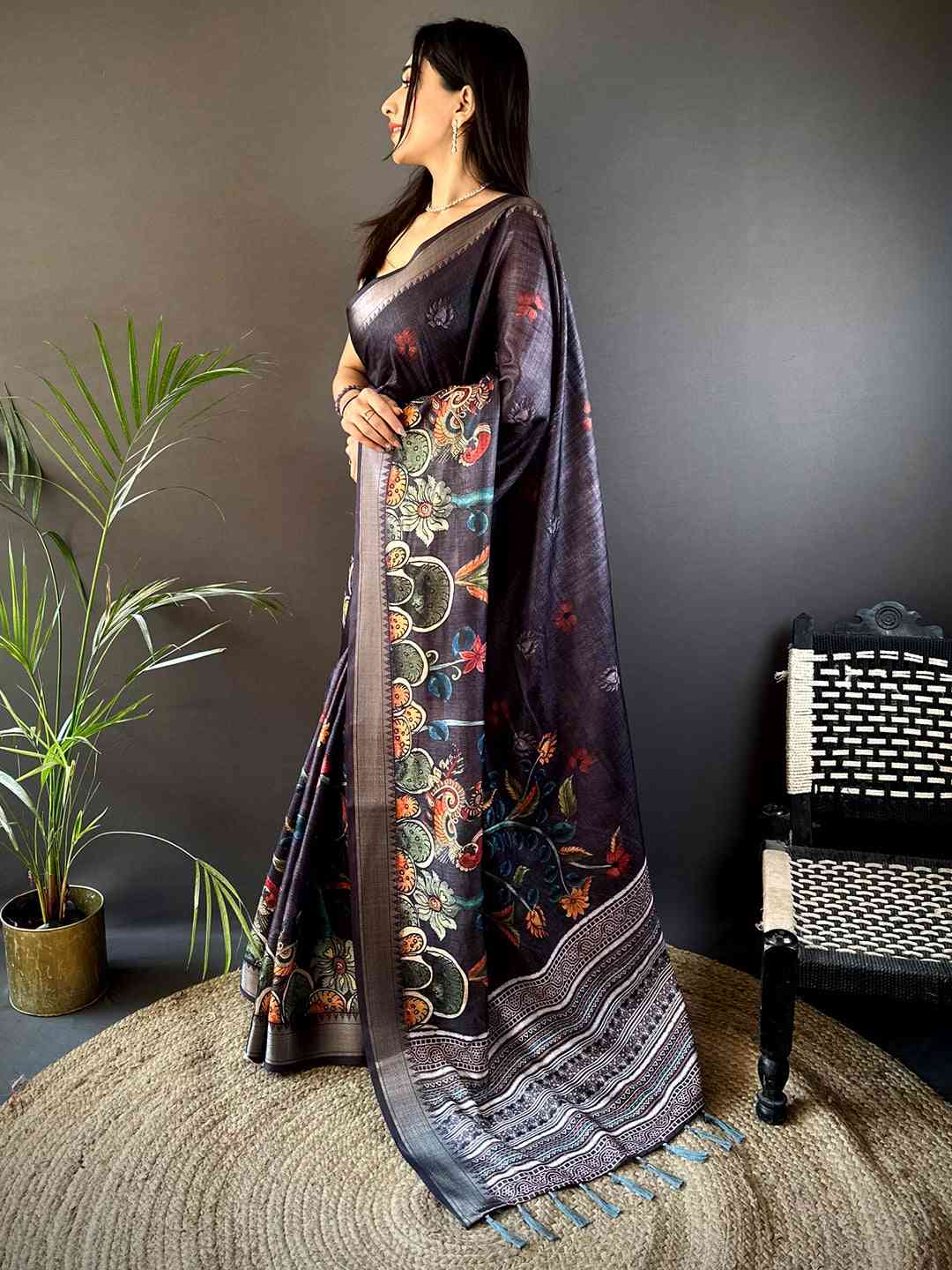 Dark Grey Kota Doriya Zari Weave Digital Print Saree by My Store