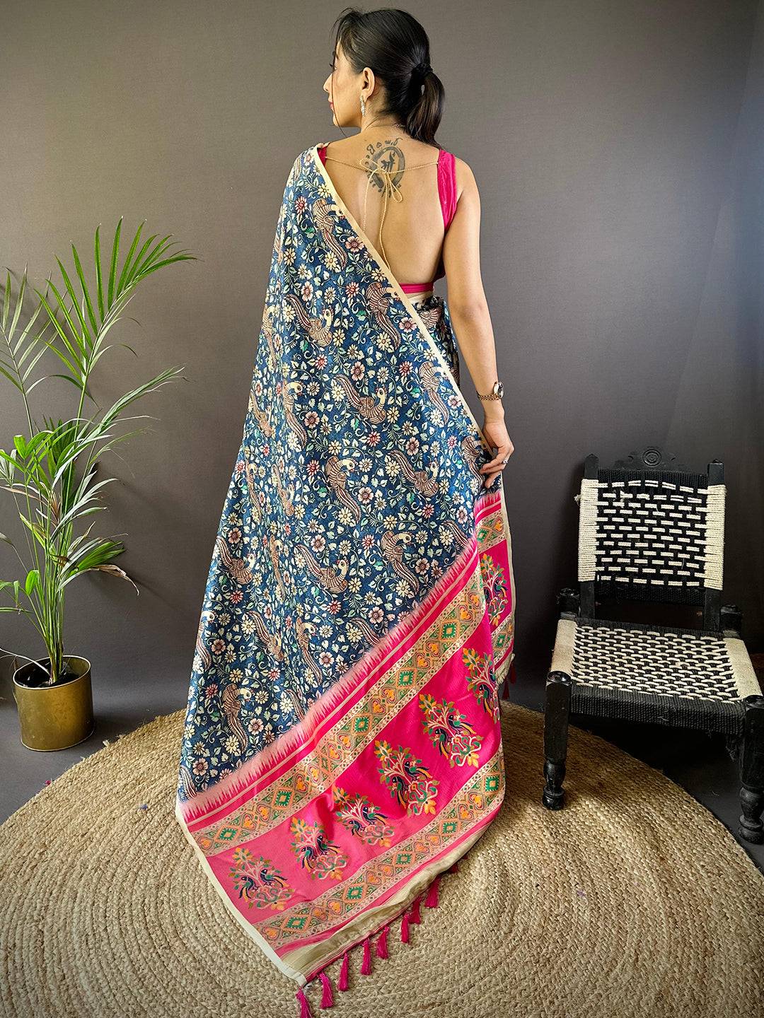 Kalamkari Floral Print Gamthi Soft Silk Saree by My Store