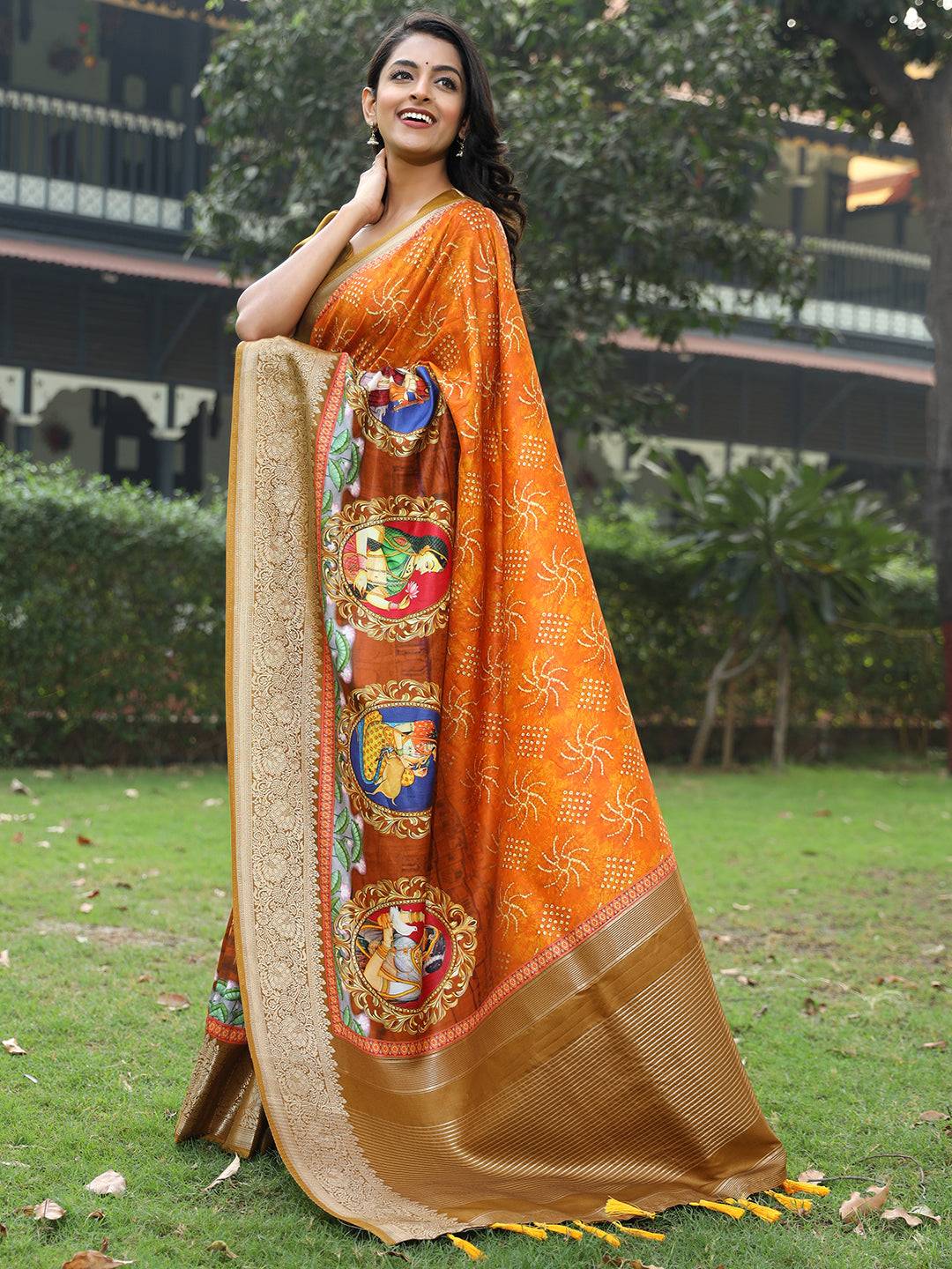 Orange Pure Viscose Dola Silk Saree with Mughal Print Border - Luxe by My Store