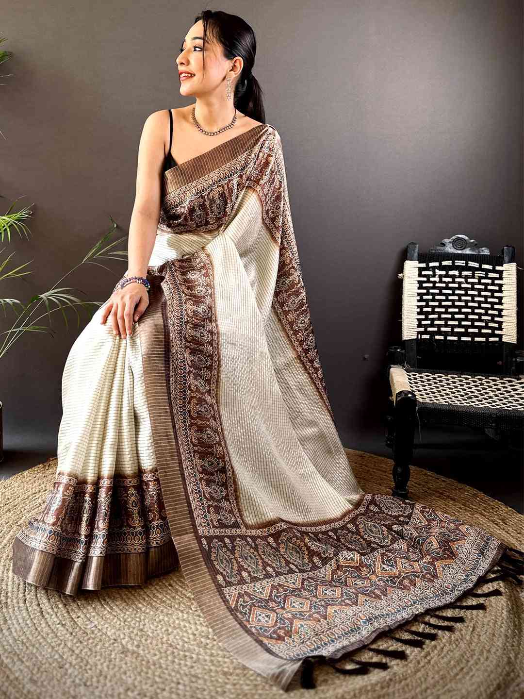 Brown Soft Silk Floral Digital Saree by My Store