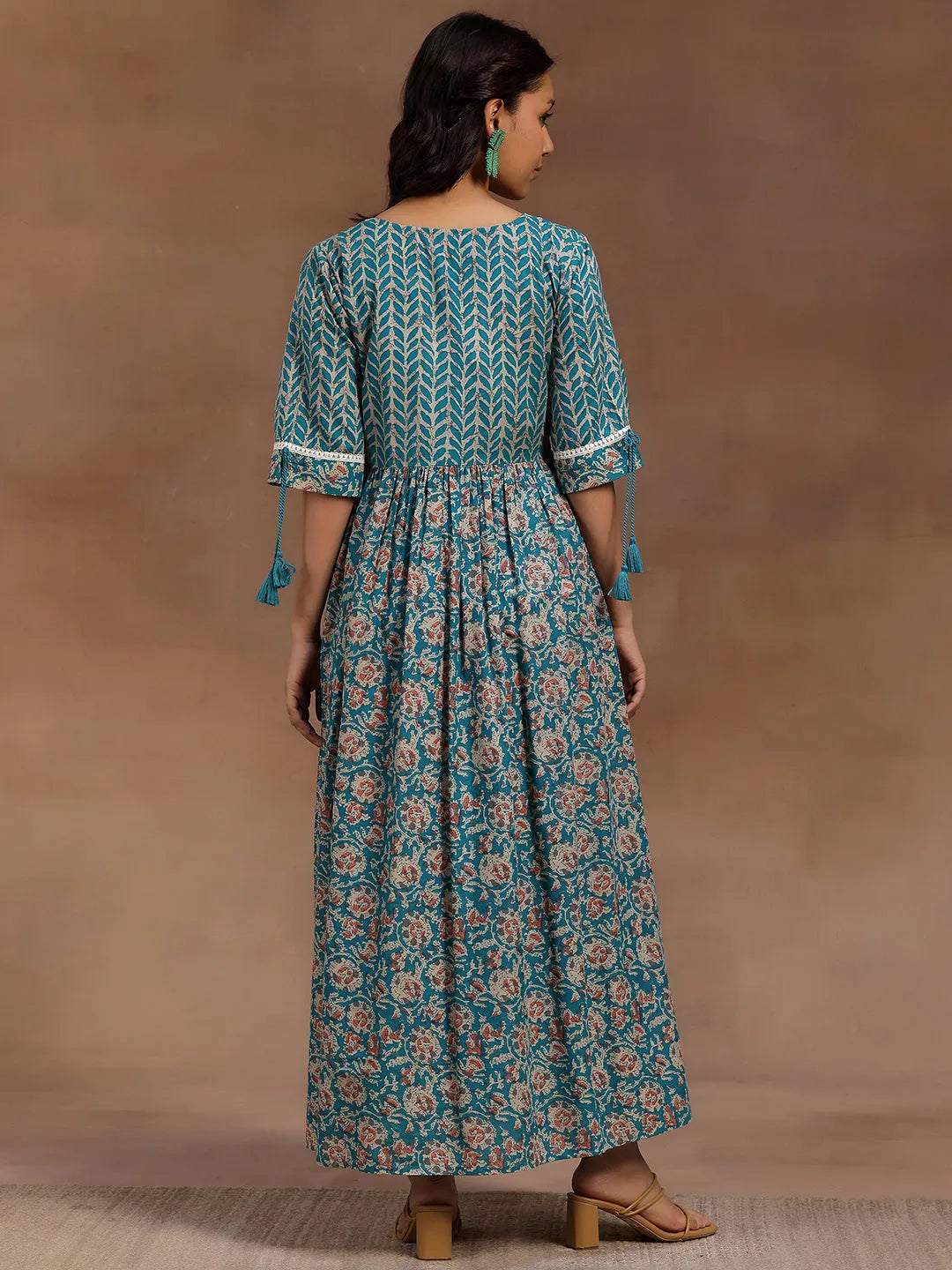 Green Printed Cotton Fit and Flare Dress by My Store