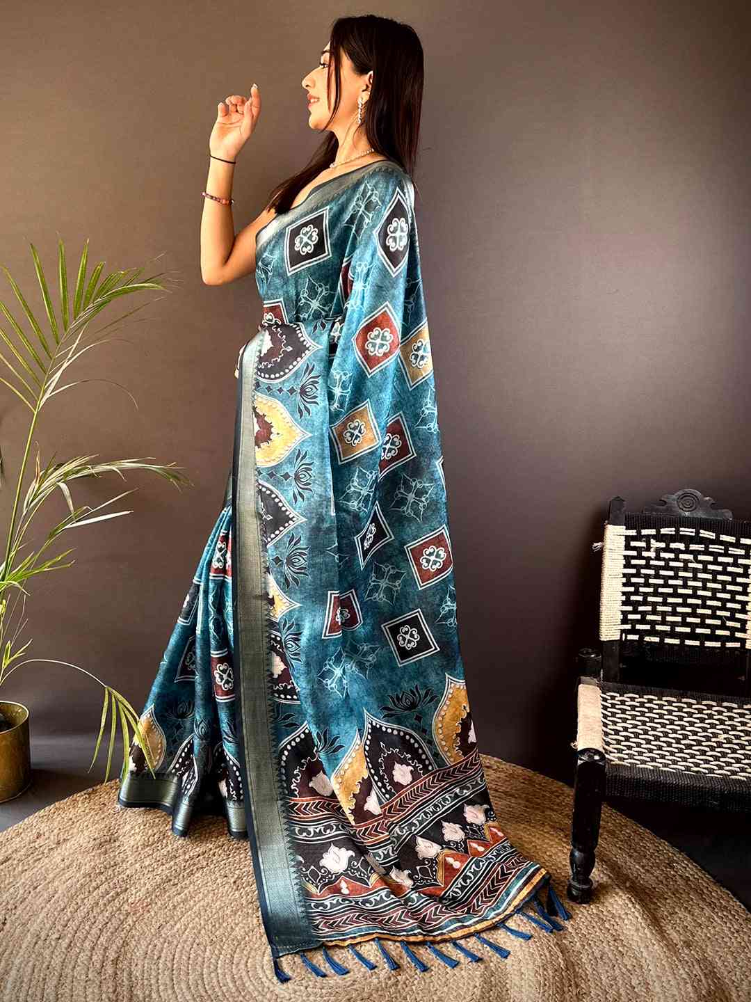 Teal Kota Doriya Zari Weave Digital Print Saree by My Store