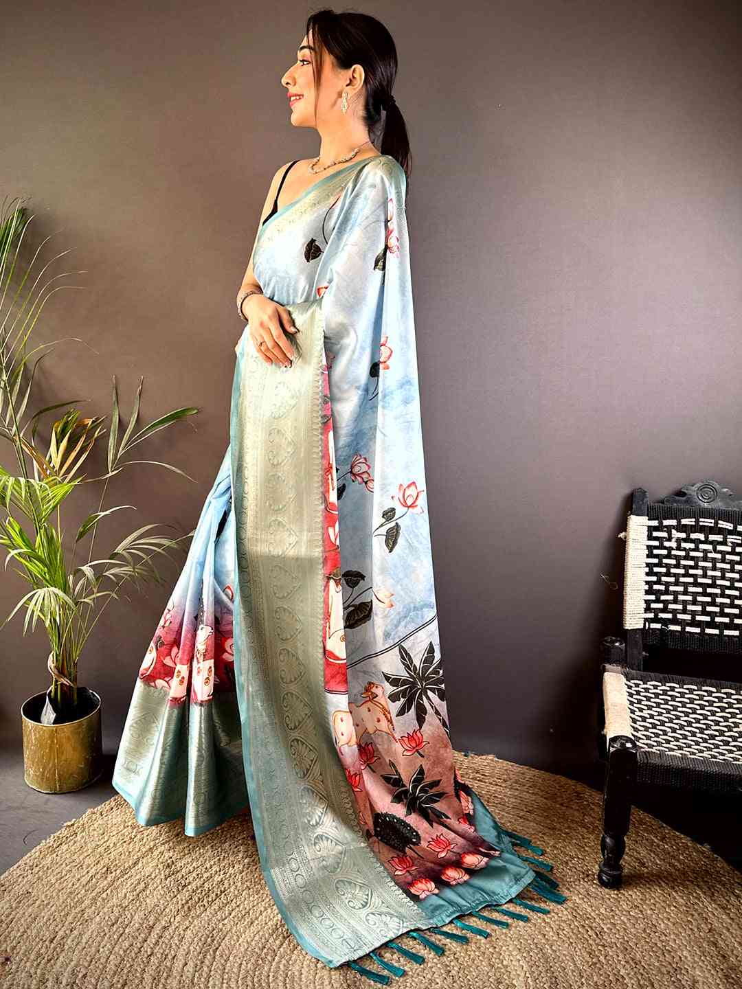 Sky Blue Pichwai Print Soft Silk Saree by My Store