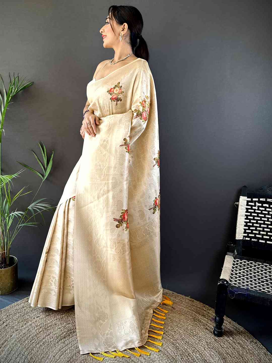 Cream Kanjivaram Digital Silk Saree by My Store
