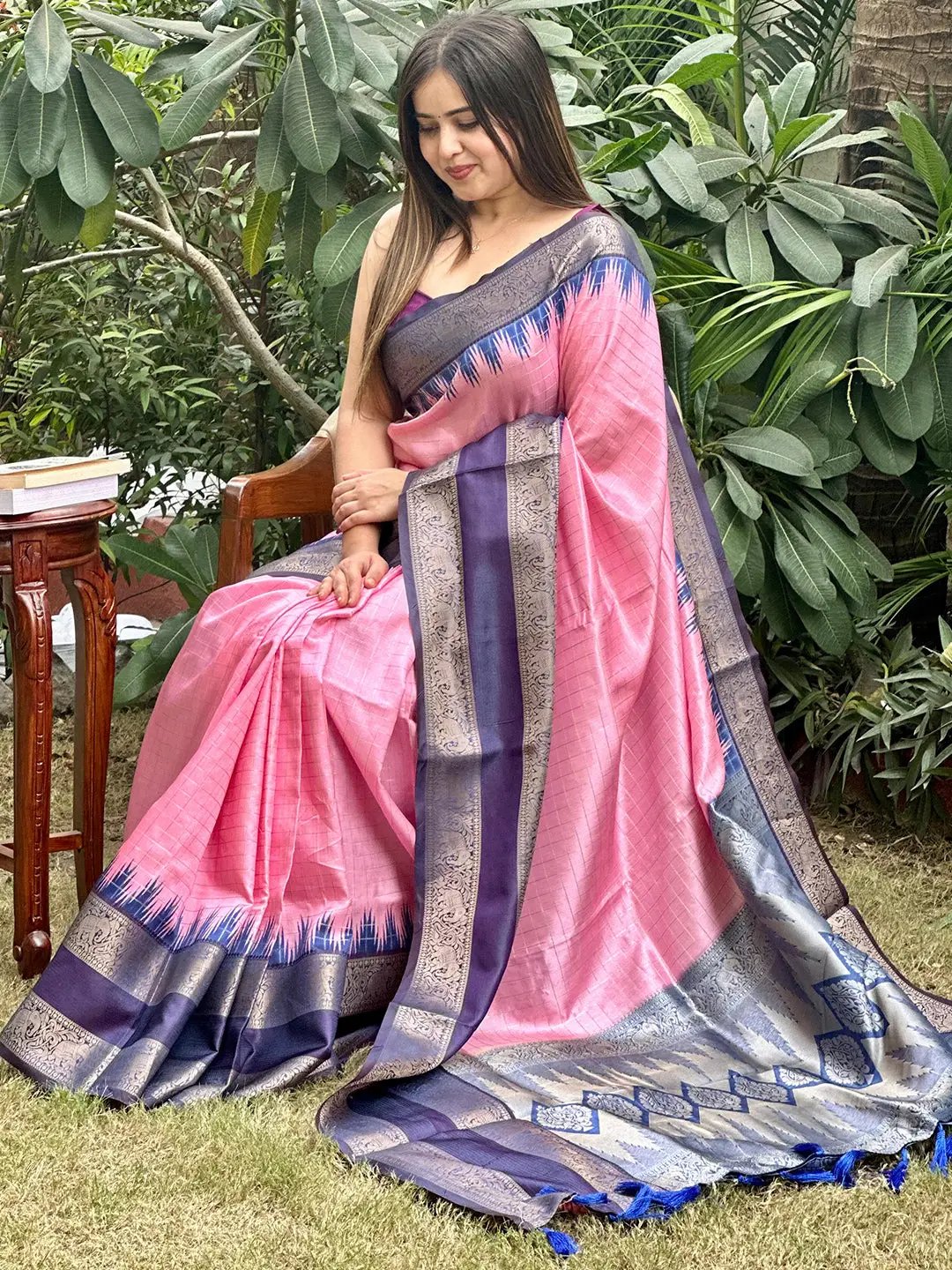 Soft Silk Saree With Gold Zari Chex Work by My Store