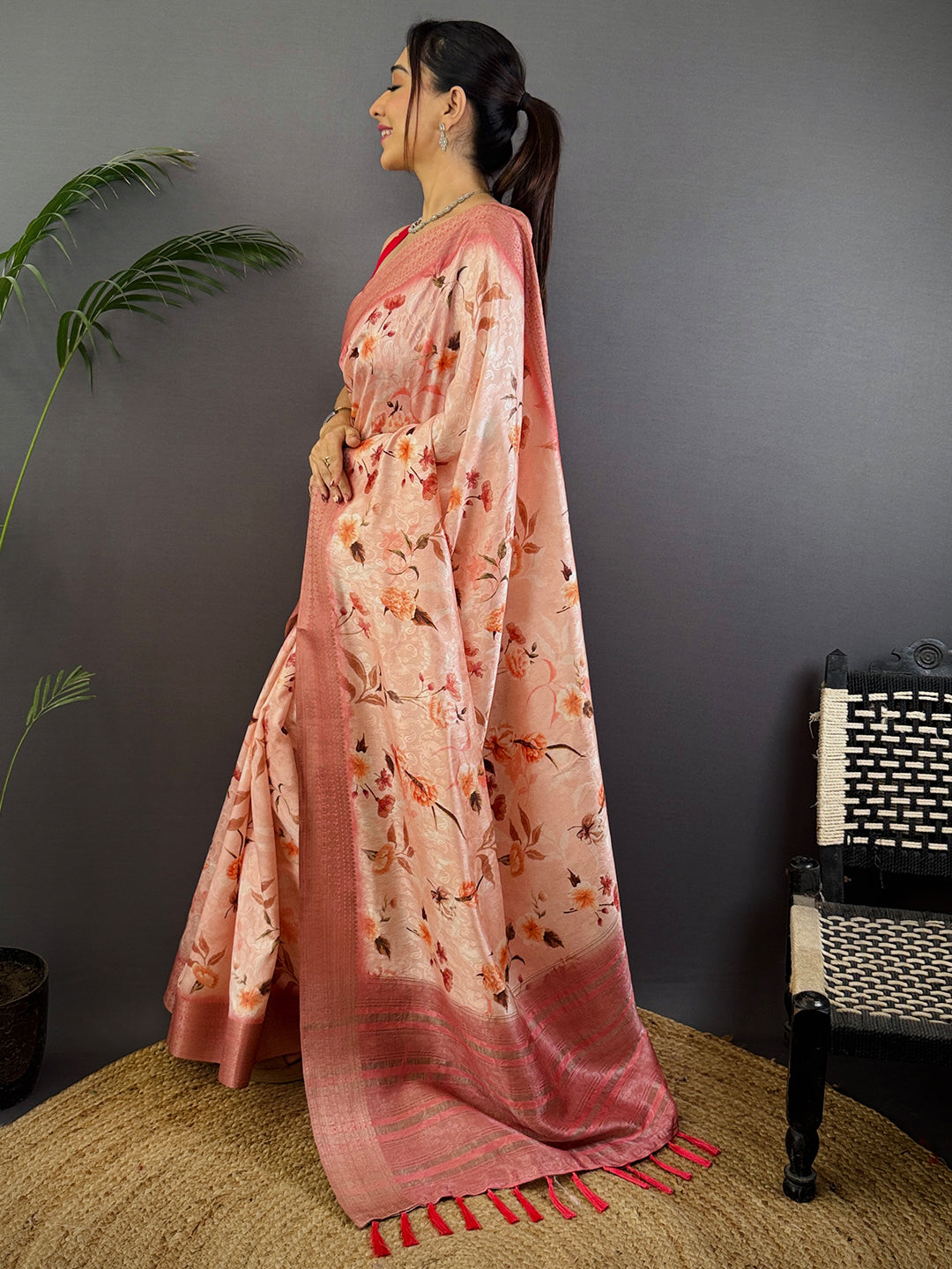 Peach Digital Print Soft Dola Silk Saree by My Store