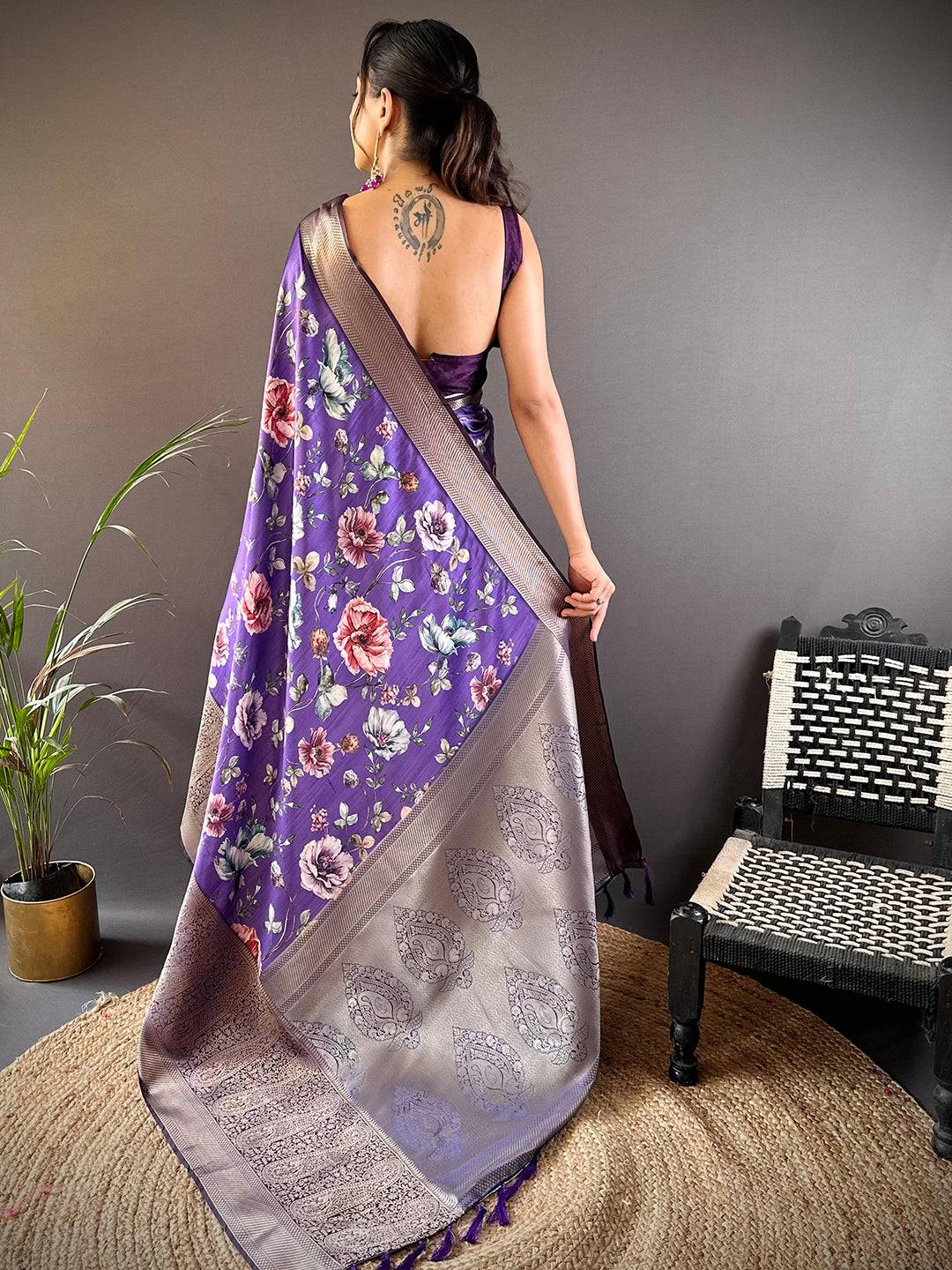 Lavender Satin Silk Floral Print Saree