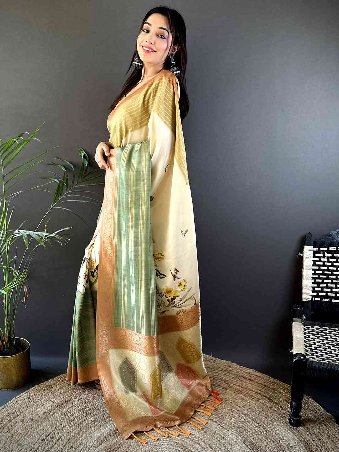 Pastel Cream Soft Crepe Silk Digital Ombre Saree by My Store