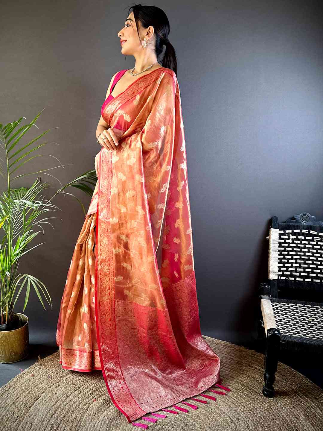 Radiant Red Kora Tissue Saree by My Store
