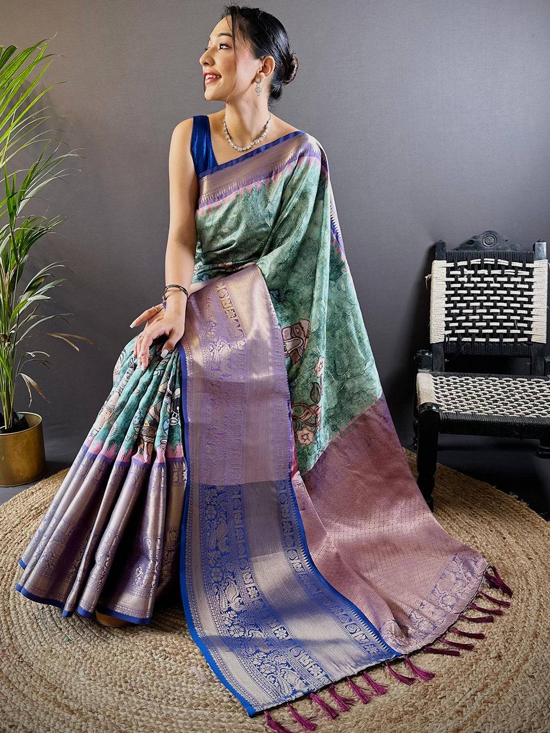 Intricate Aqua Pearl Banarasi Silk Saree by My Store