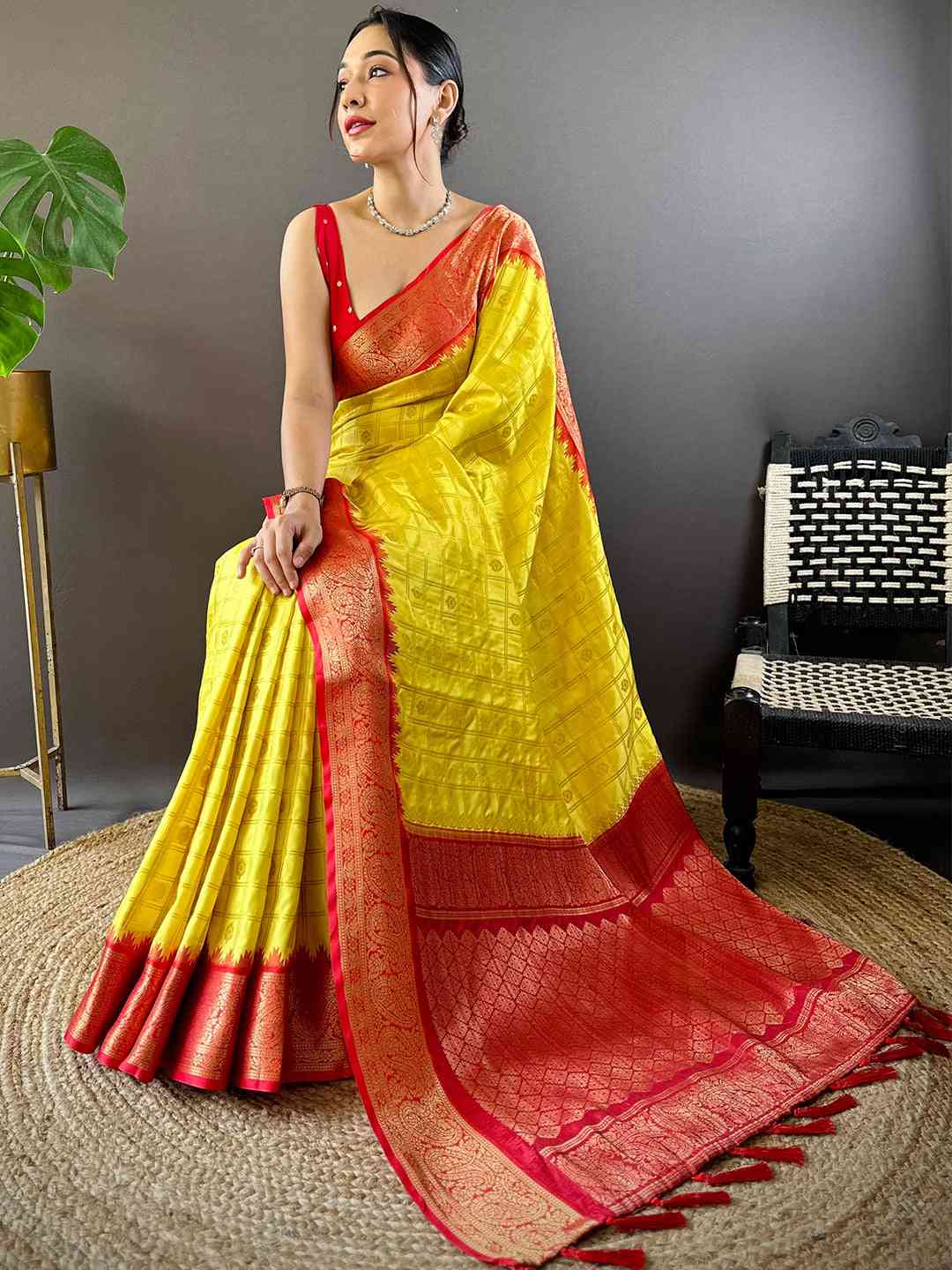 Sunshine Yellow Kovai Banarasi Silk Saree by My Store