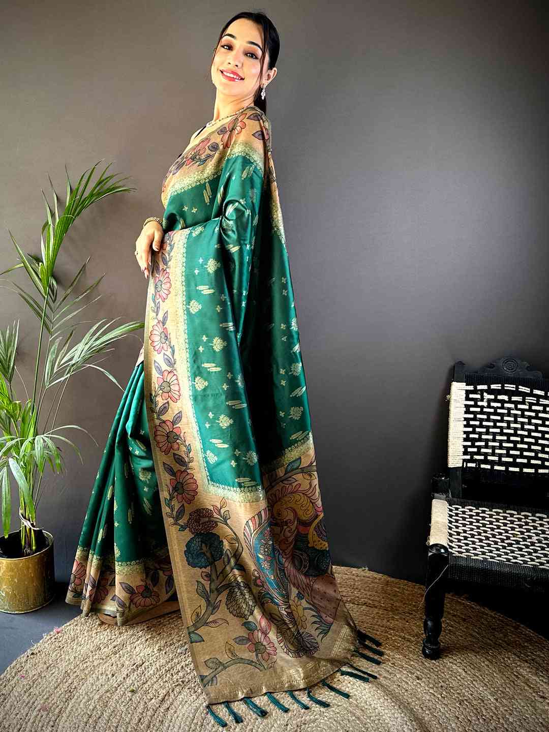 Green Soft Silk Kalamkari Printed Pallu Saree by My Store