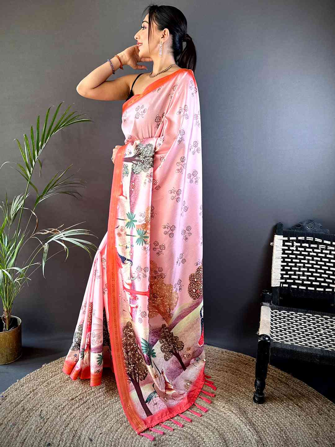 Blush Pink Jungle Printed Silk Saree by My Store