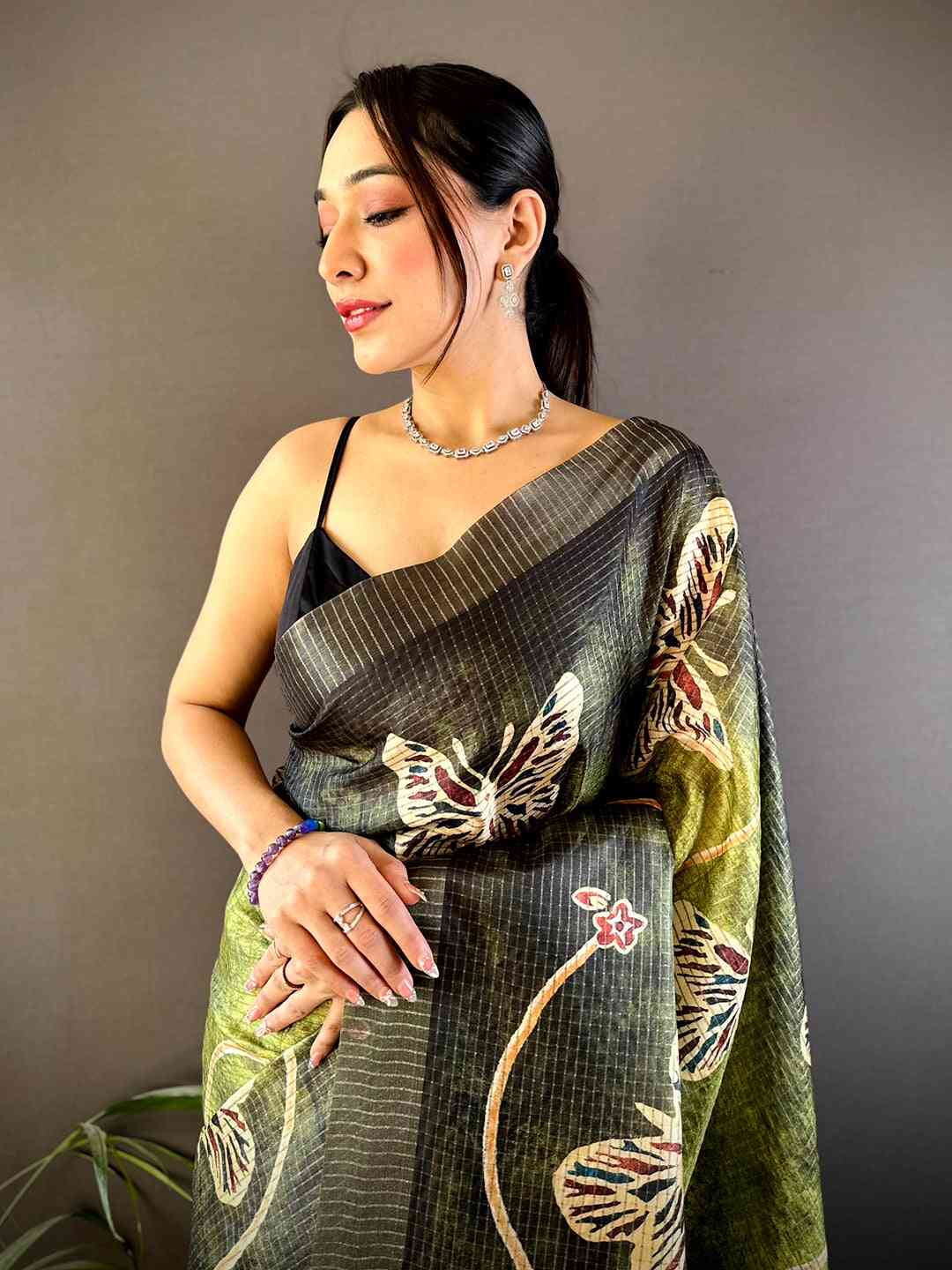 Olive Tissue Chanderi Digital Check Saree by My Store
