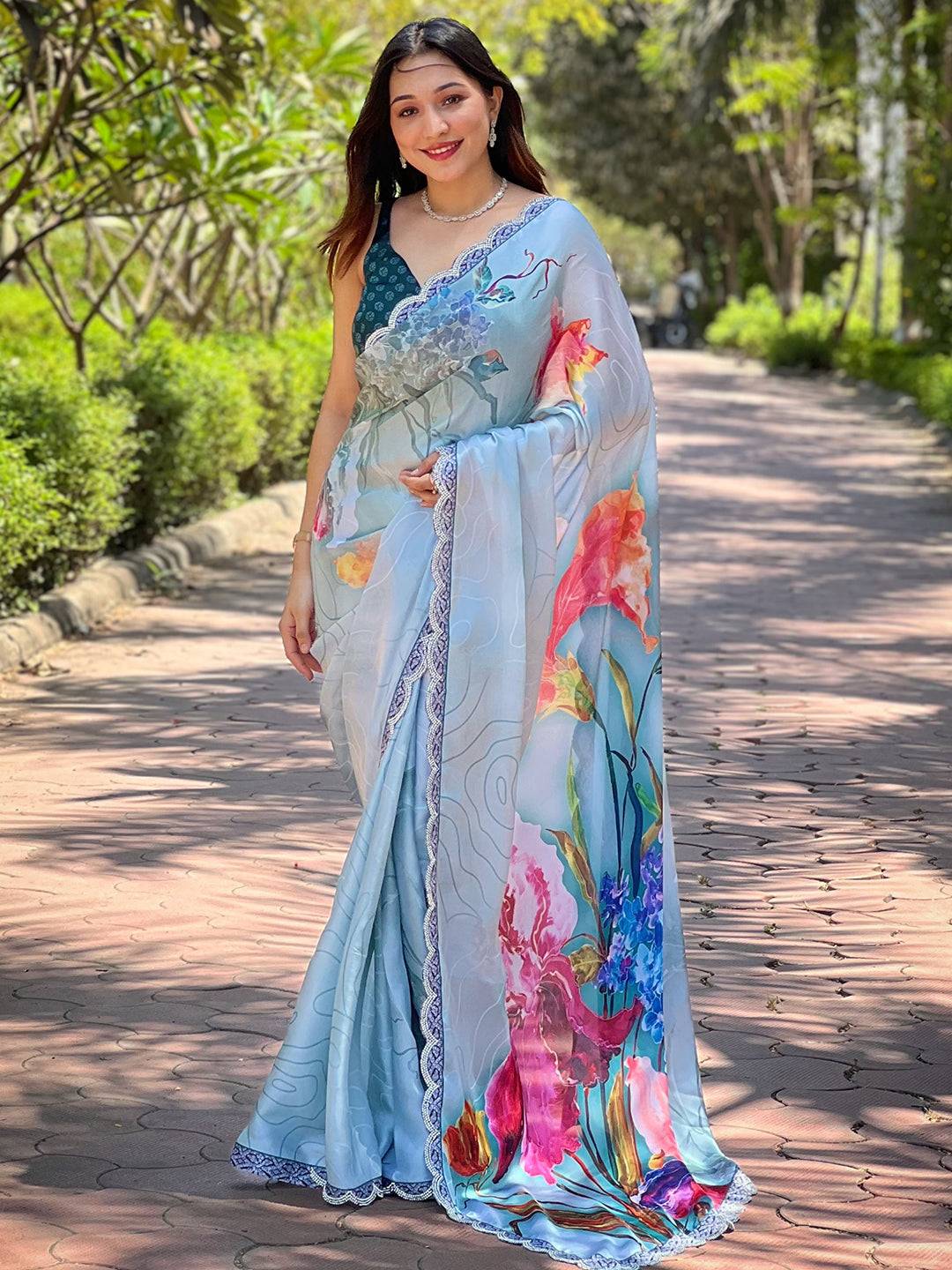 Light Blue Satin Georgette Floral Print Saree by My Store