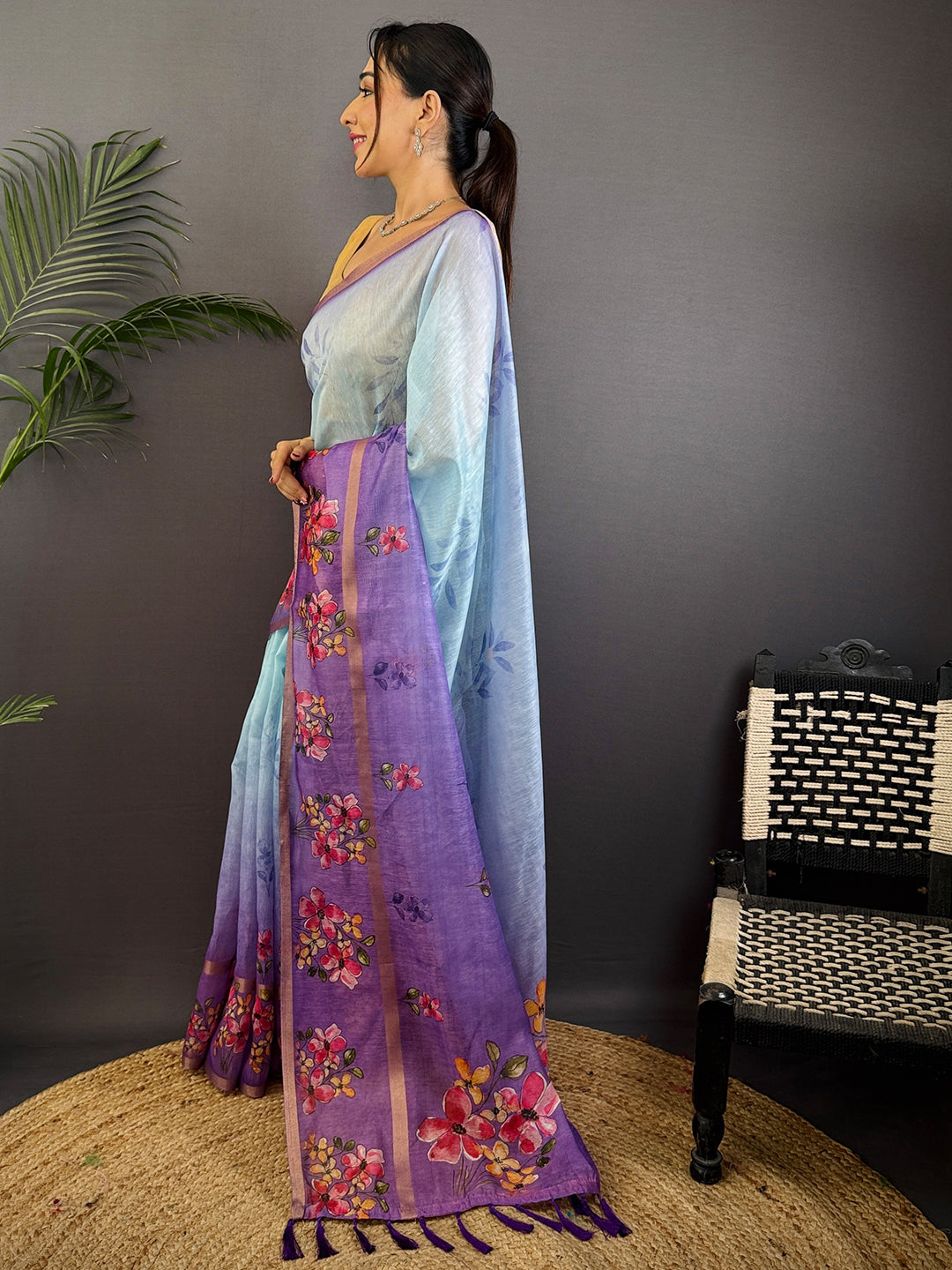 Sky Blue Linen Chanderi Floral Print Saree by My Store