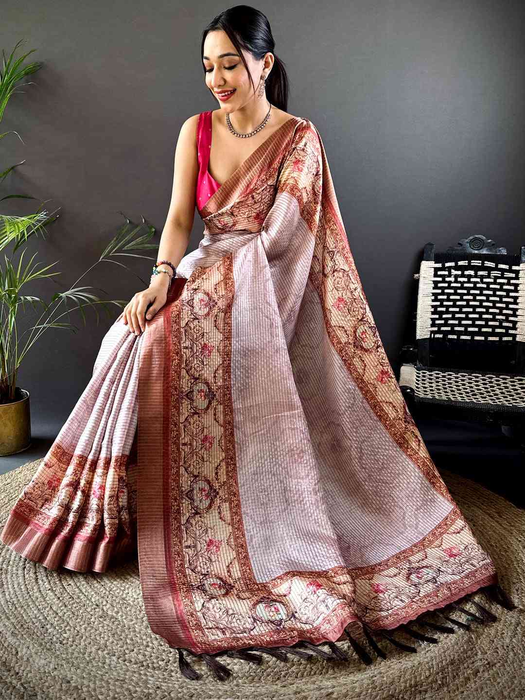 Graceful Light Pink Soft Silk Chex Saree by My Store