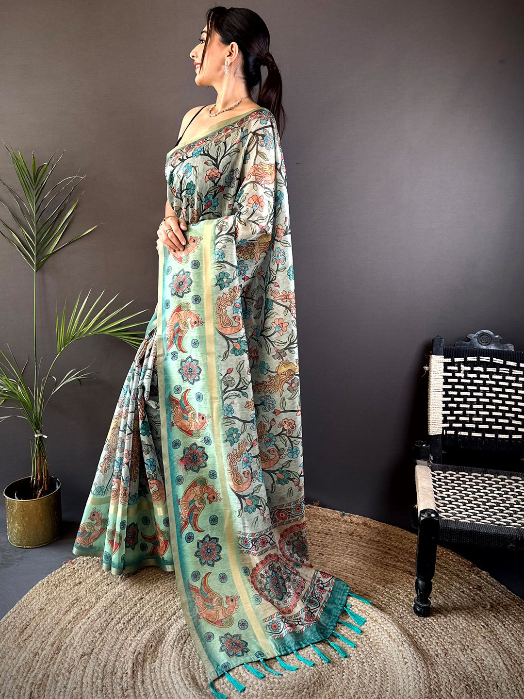 Pista Floral Kalamkari Chanderi Cotton Saree by My Store