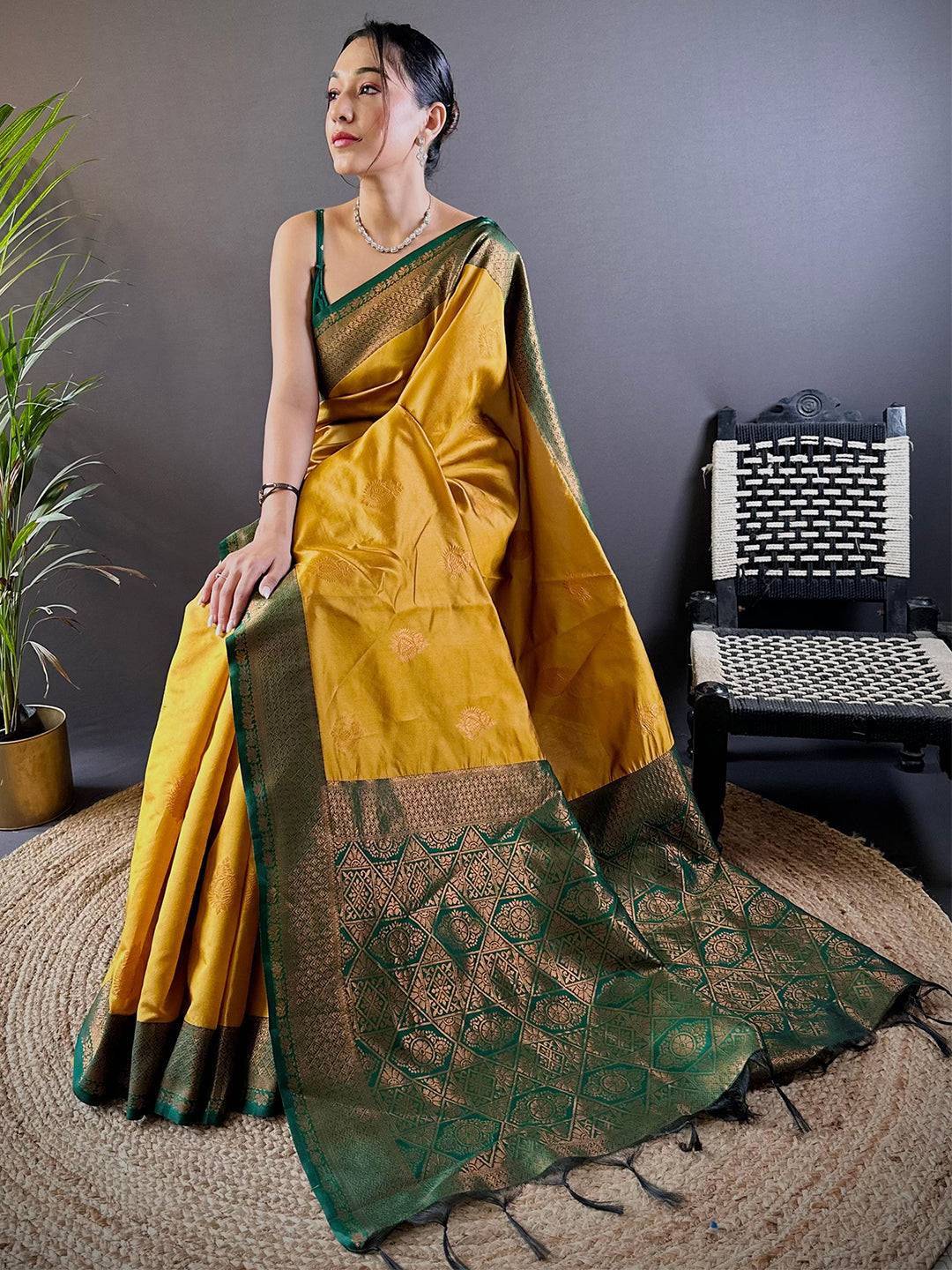 Elegant Yellow Silk Saree With Gold Zari Motifs by My Store