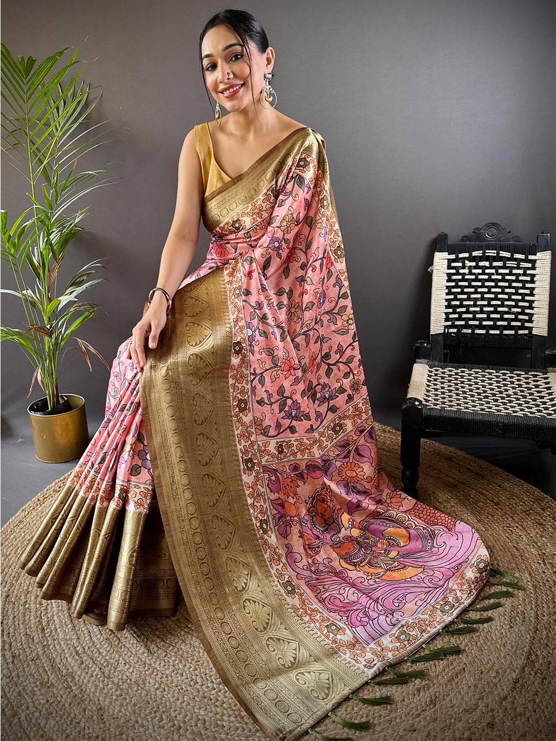 Peach Floral Kalamkari Print Saree by My Store
