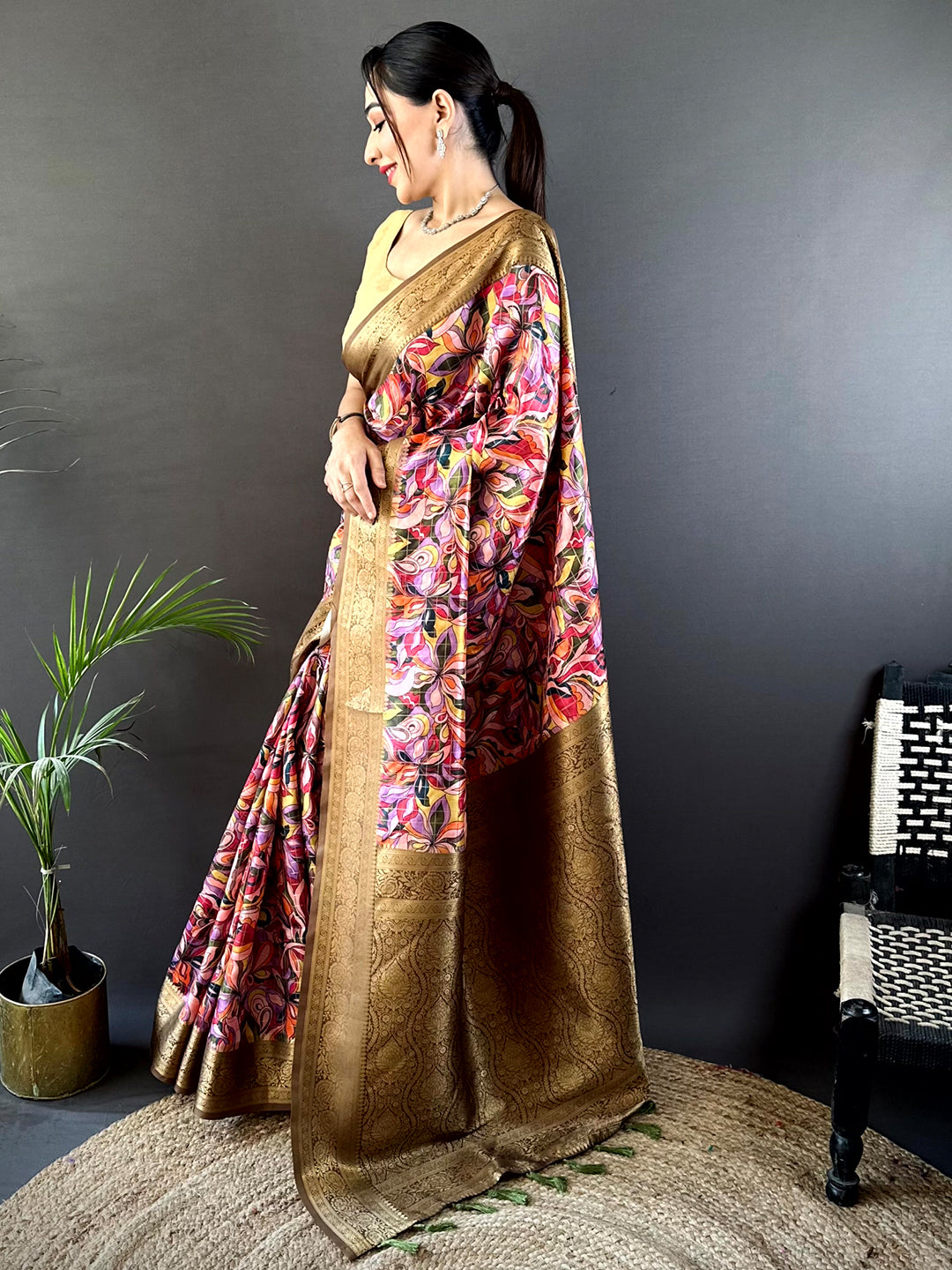 Brown Soft Gadwal Pattu Geometric Saree by My Store