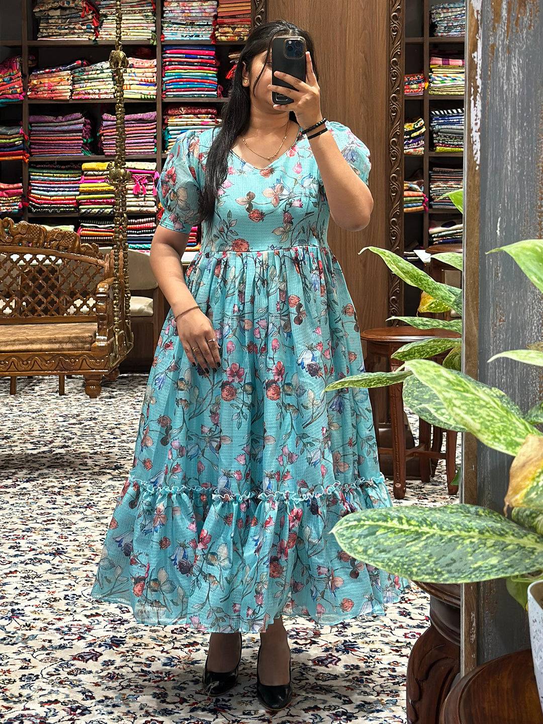 Powder Blue Floral Print Dress by My Store