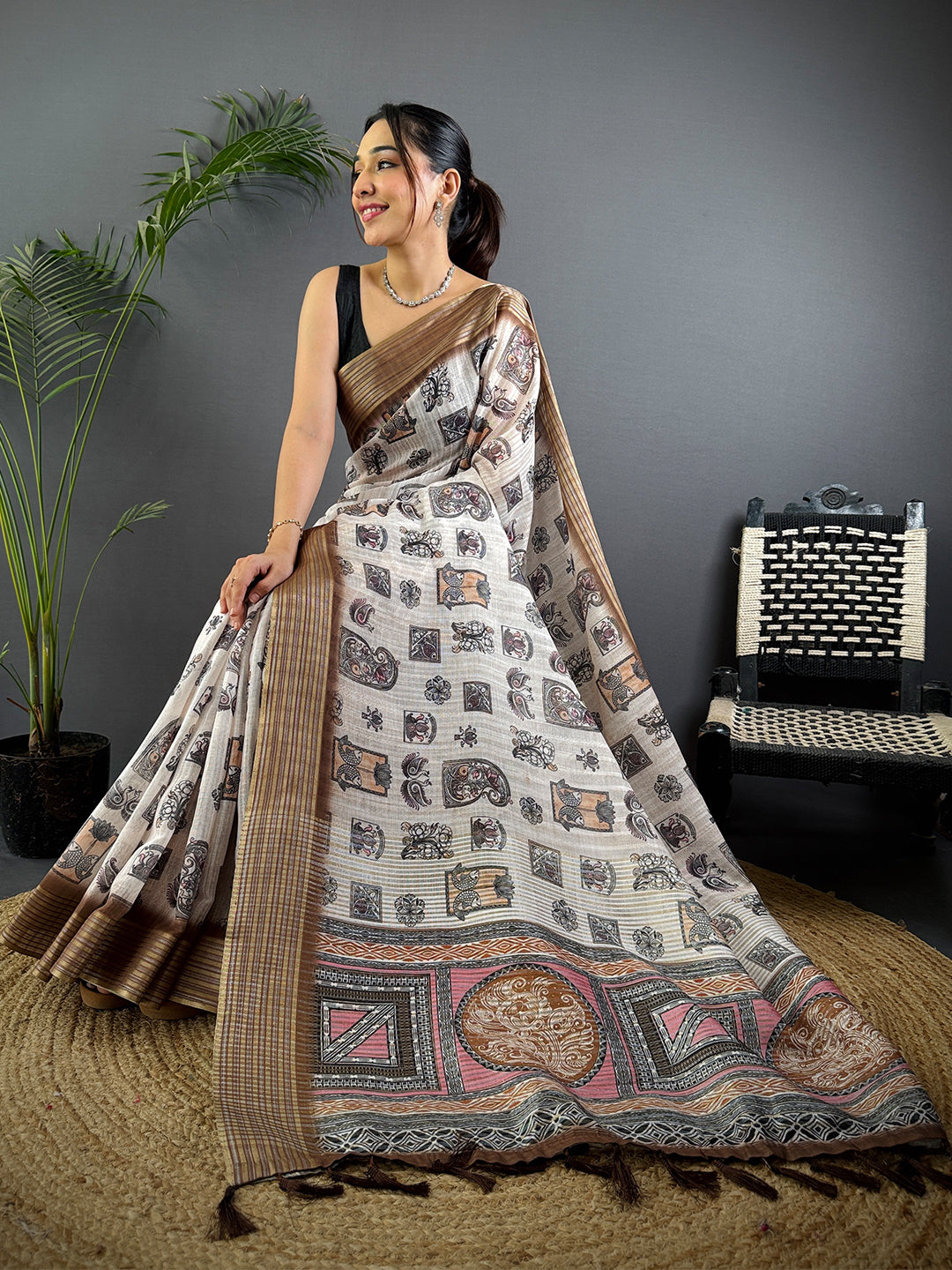 Beige Linen Digital Printed Saree