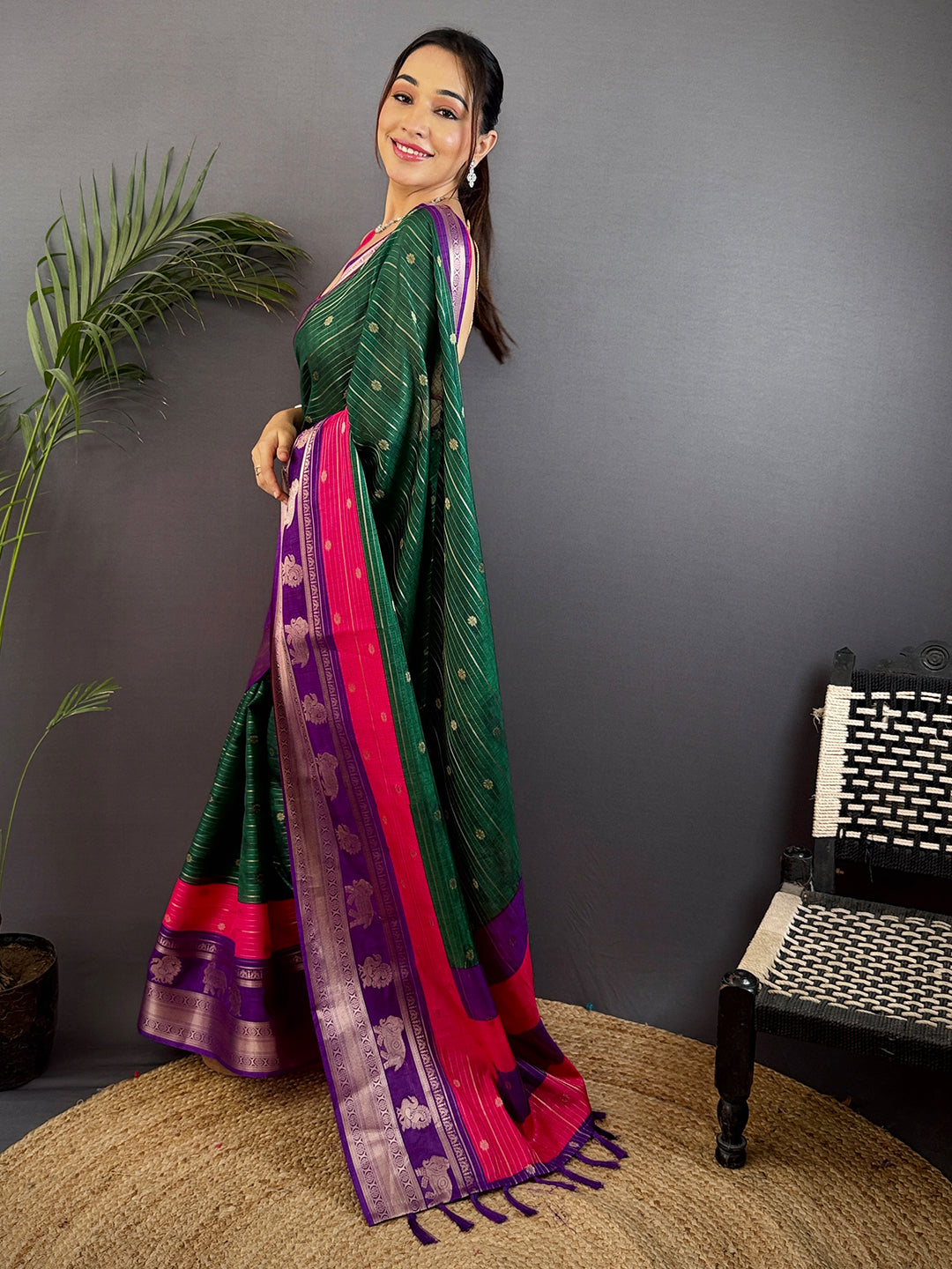 Green Soft Dola Silk Striped Print Saree by My Store