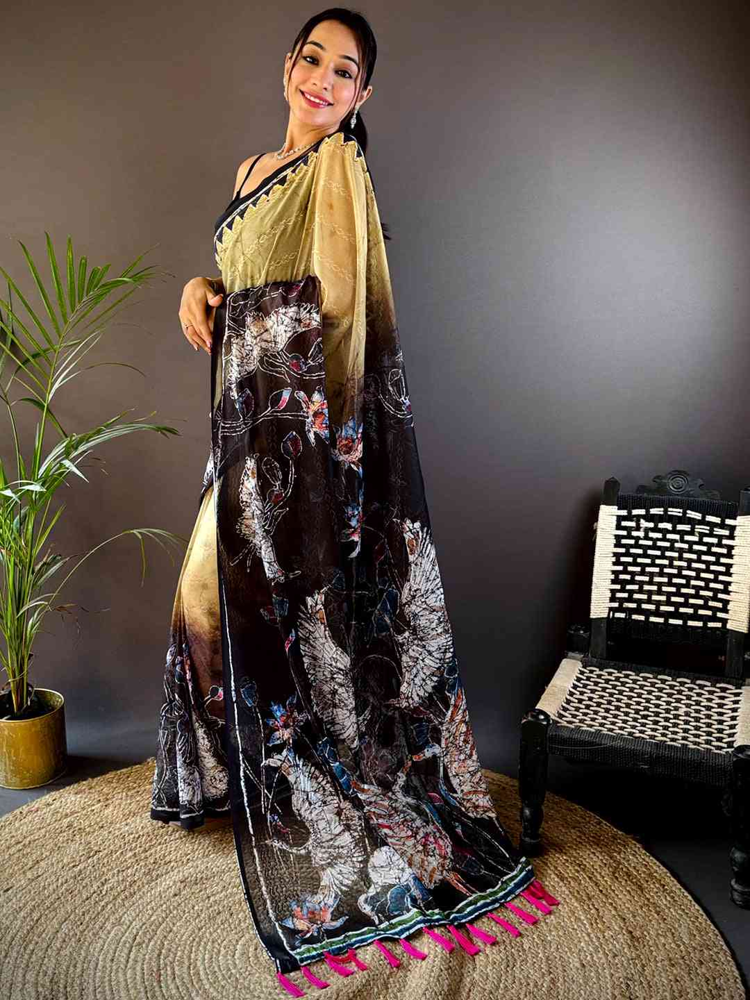 Yellow Georgette Batik Printed Saree by My Store