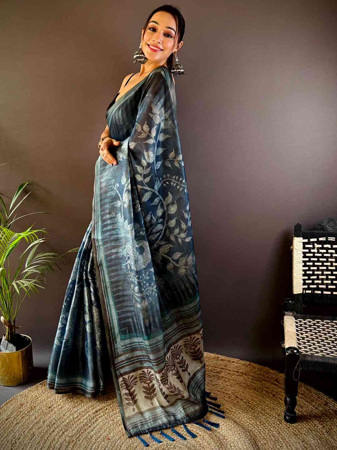 Deep Teal Floral Stripes Tissue Saree by My Store